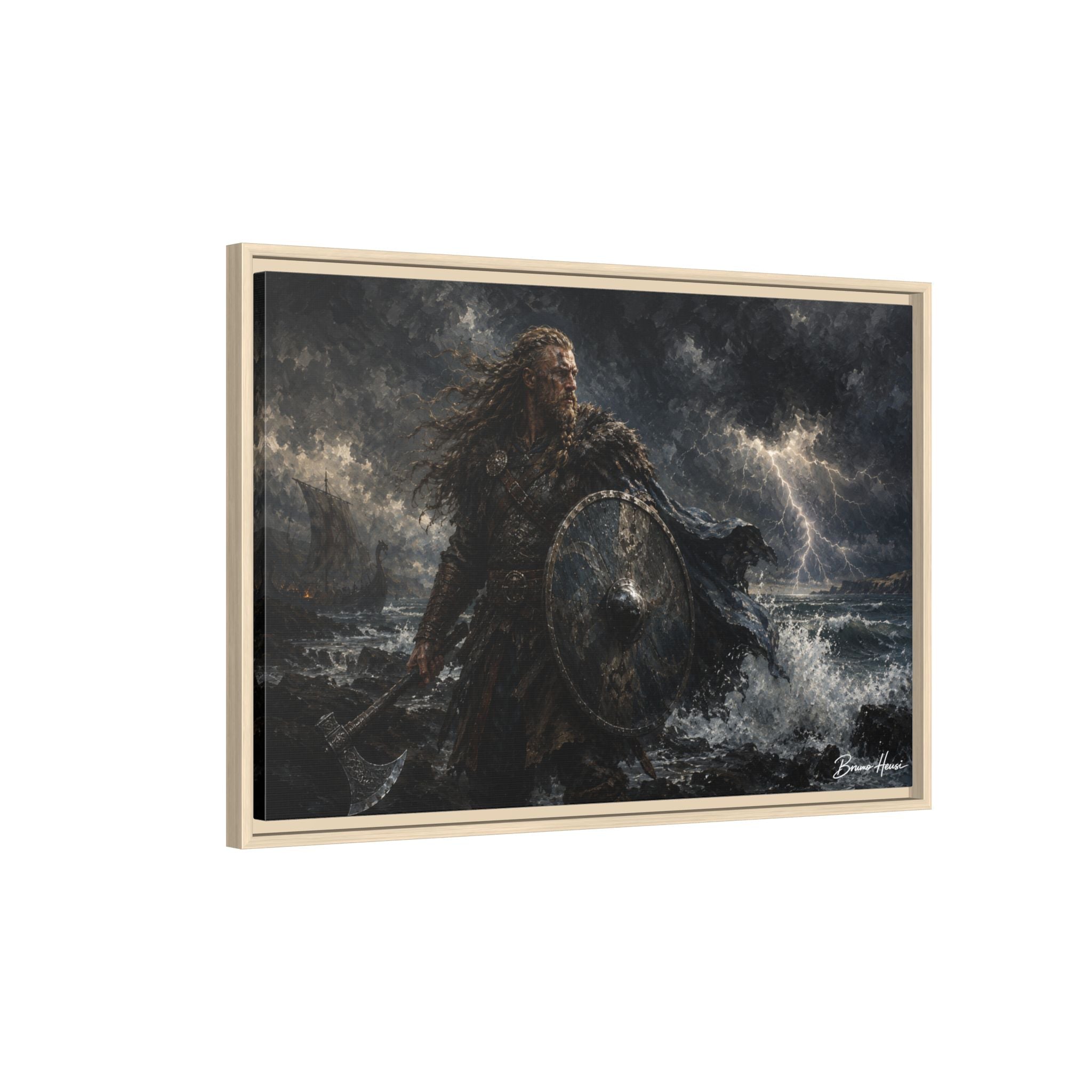 Viking Warrior Matte Framed Canvas Print — Stormy Norse Shield and Axe Wall Art