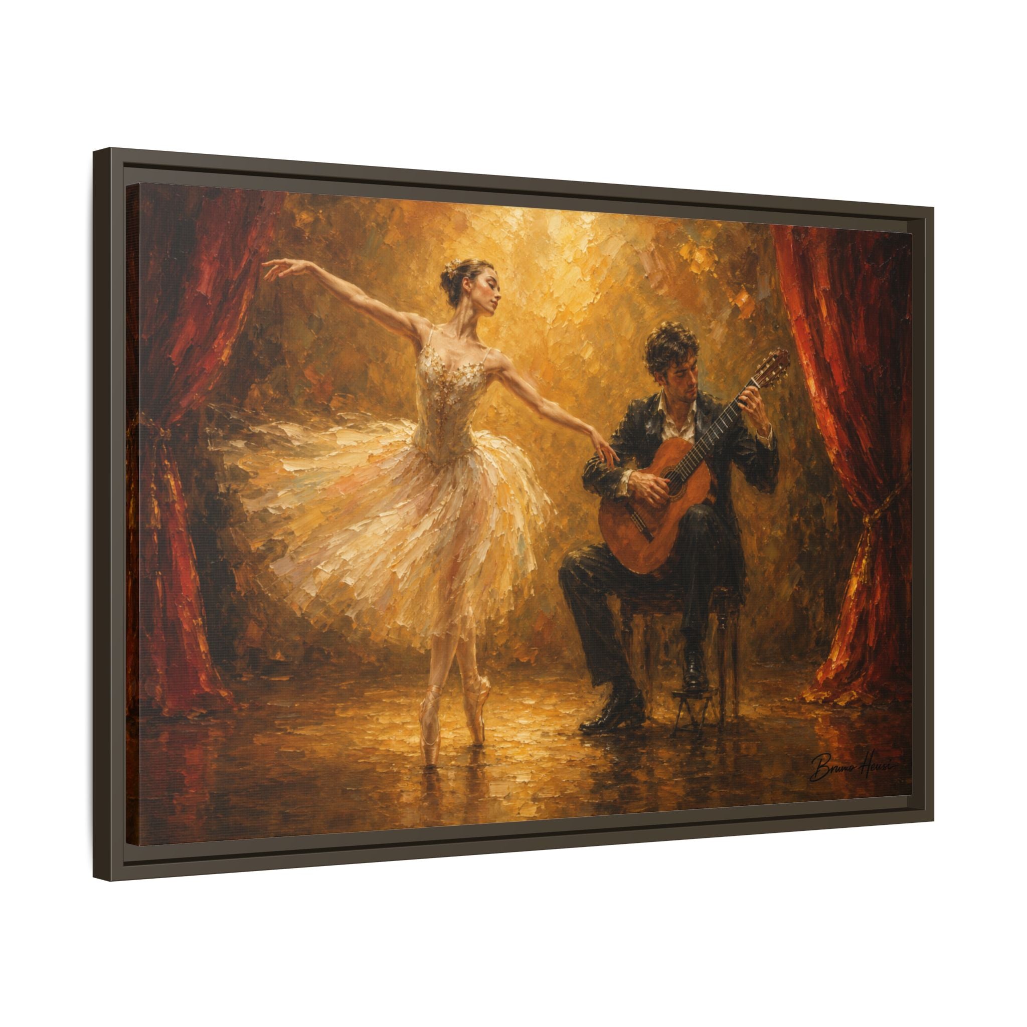 Ballet Dancer & Guitarist Framed Canvas Wall Art — Oil-Style Performance Print