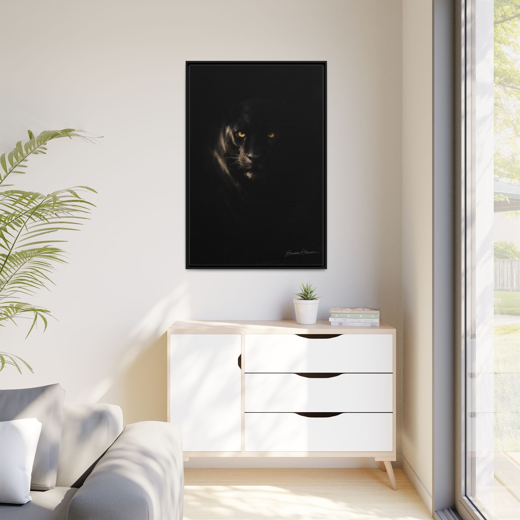 Framed Matte Canvas - Black Panther Wall Art with Golden Eyes