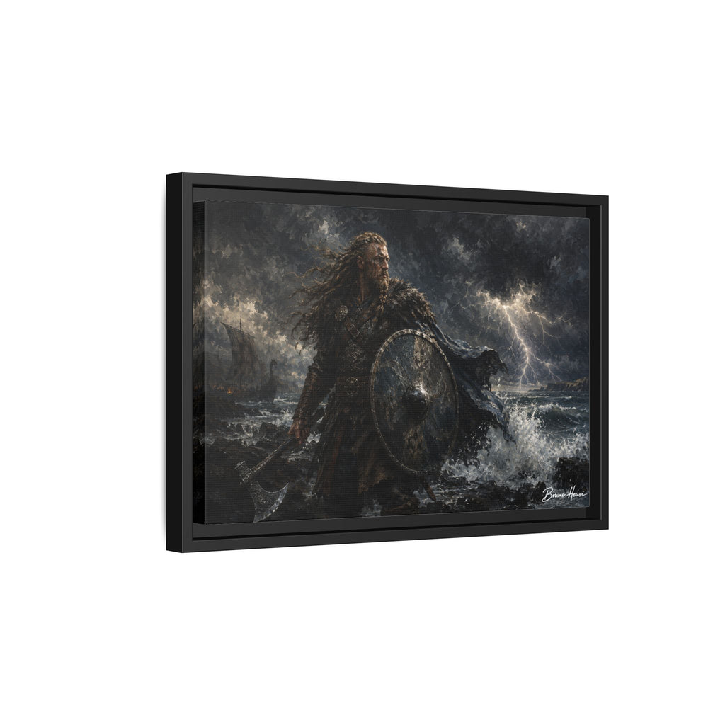 Viking Warrior Matte Framed Canvas Print — Stormy Norse Shield and Axe Wall Art
