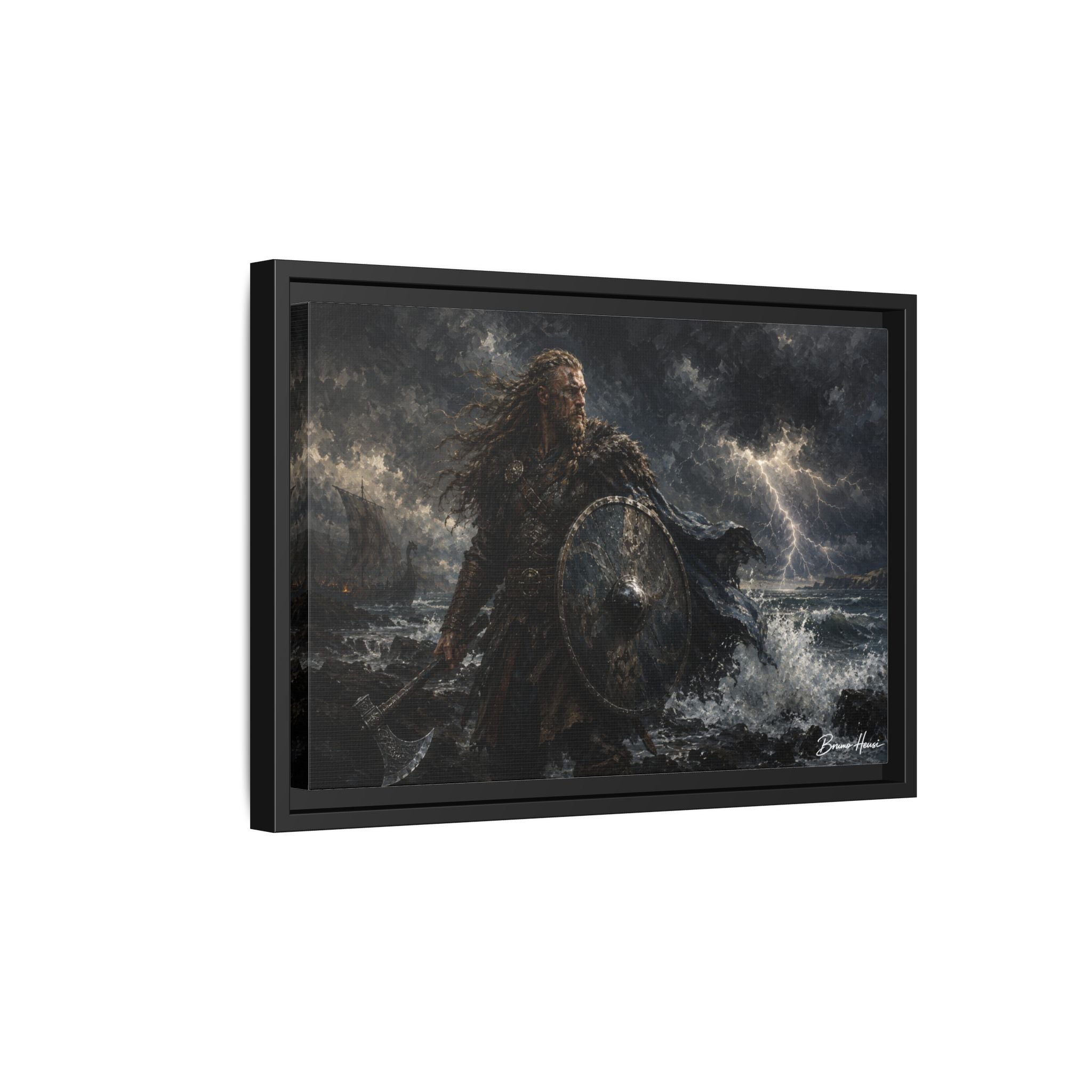 Viking Warrior Matte Framed Canvas Print — Stormy Norse Shield and Axe Wall Art