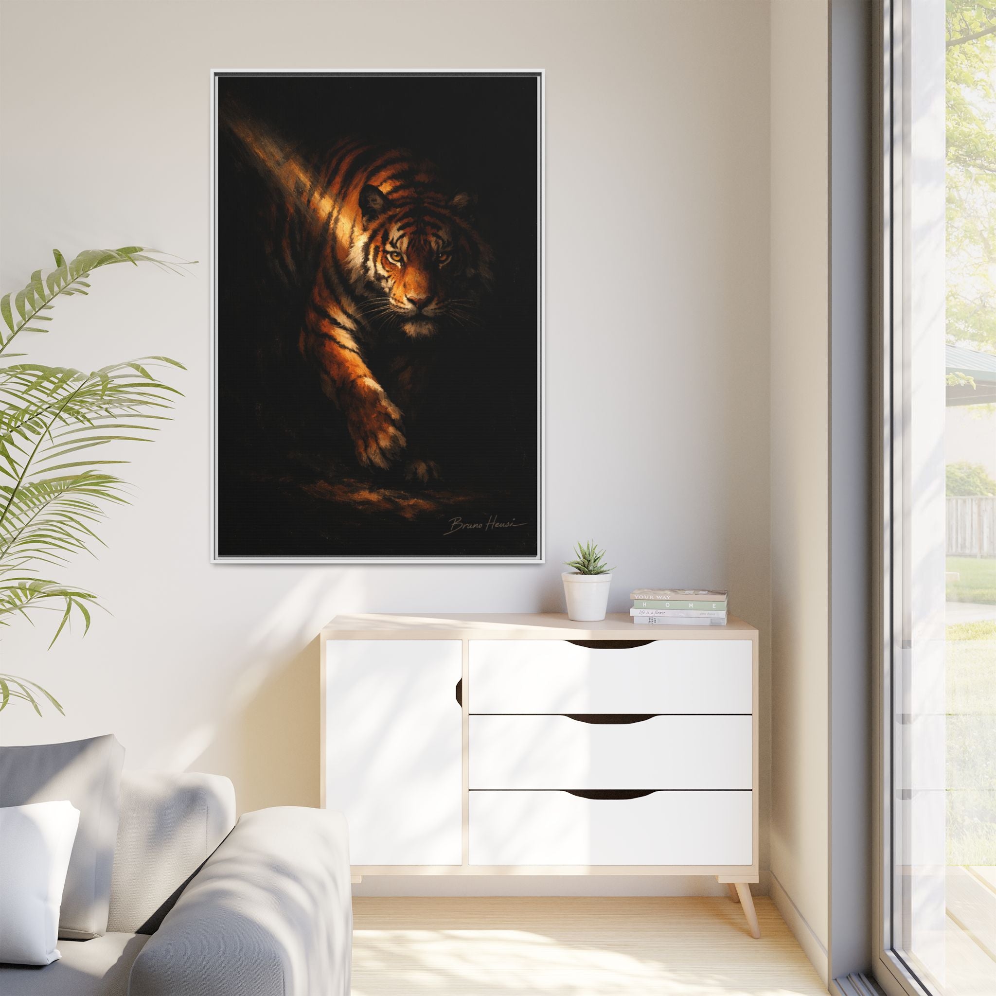Tiger in the Shadows Matte Framed Canvas Print — Dramatic Wildlife Wall Art