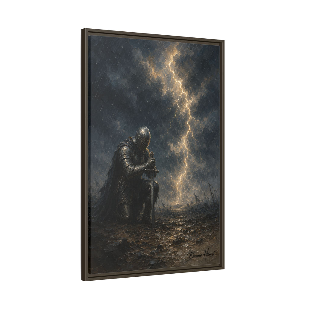 Knight in Thunderstorm Matte Framed Canvas — Dark Fantasy Wall Art