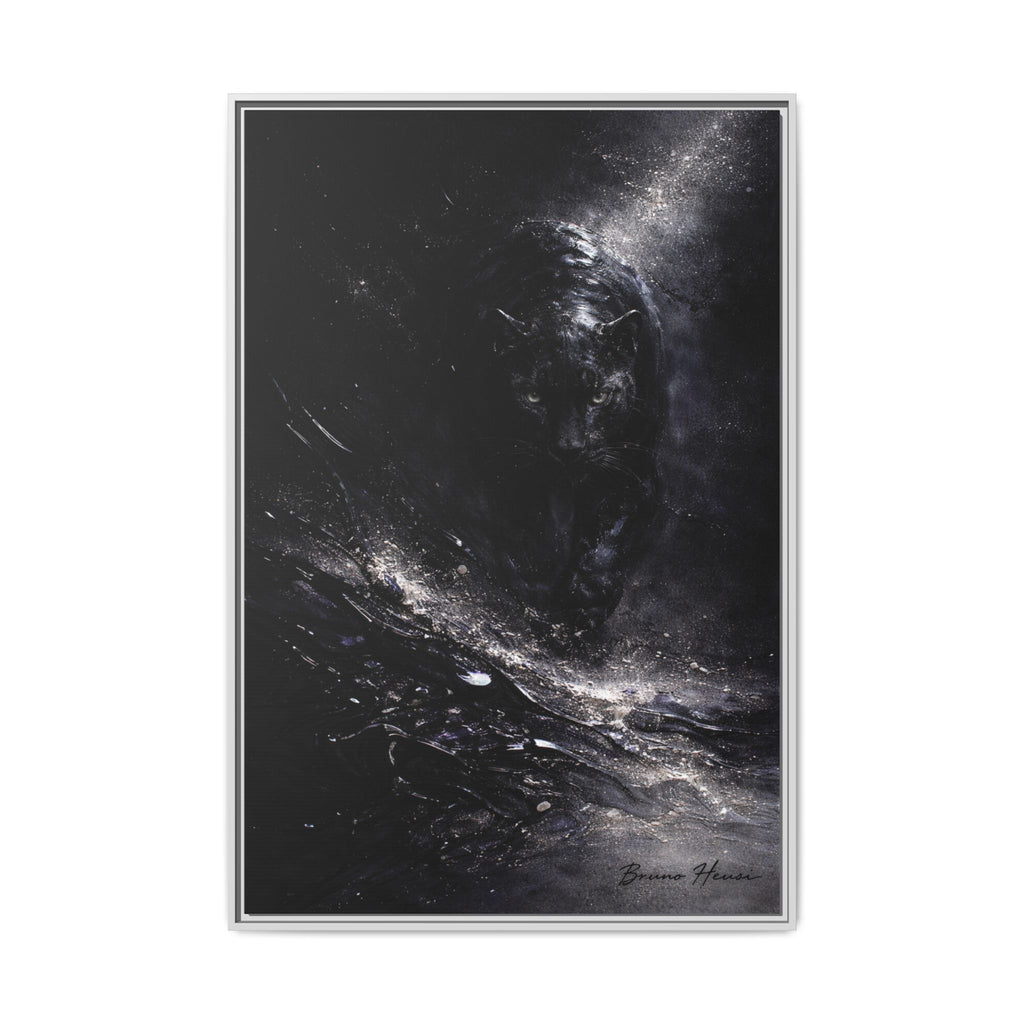 Cosmic Black Panther Matte Framed Canvas – Dark Abstract Wildlife Wall Art