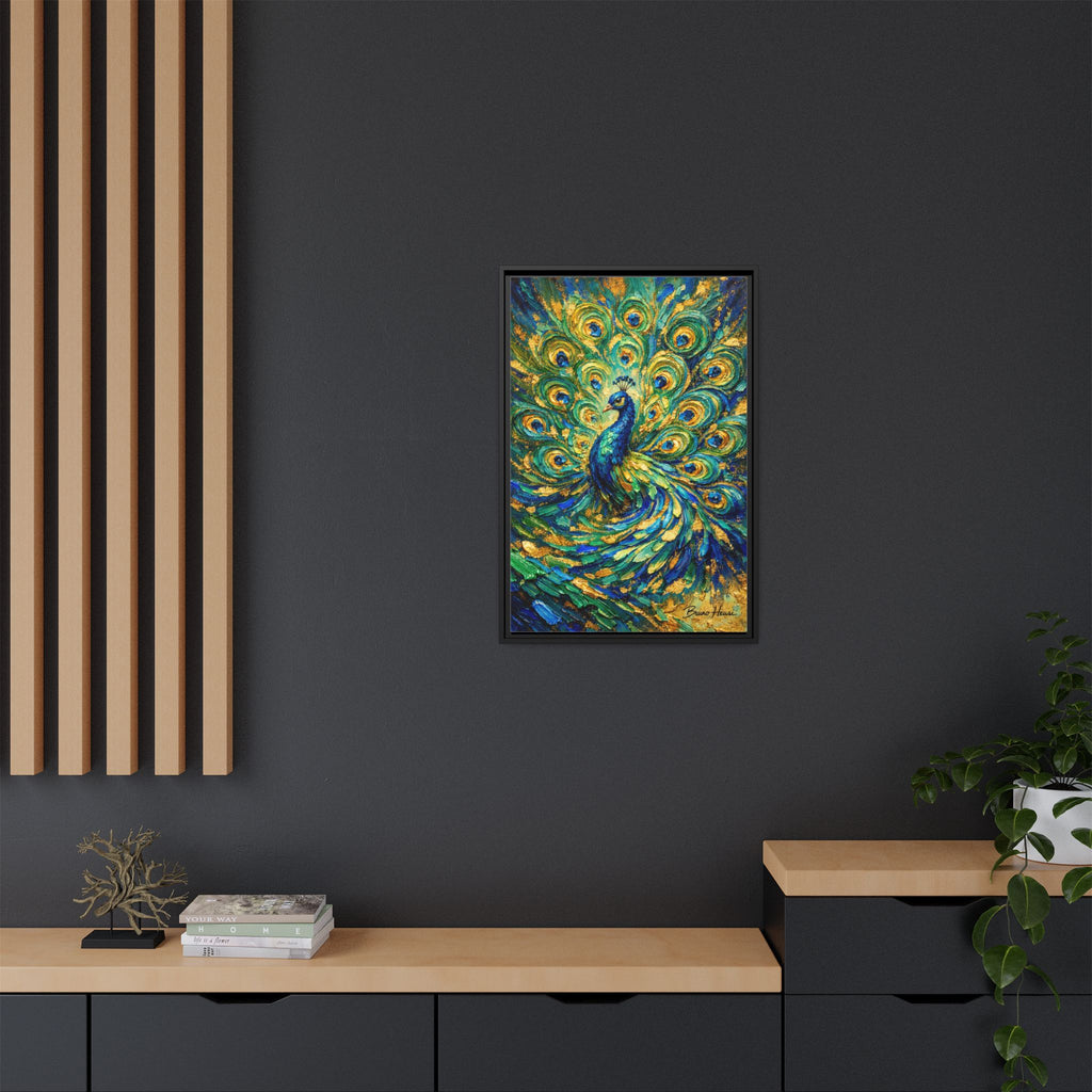 Peacock Oil-Style Framed Canvas Wall Art — Vibrant Blue & Gold Peacock Painting