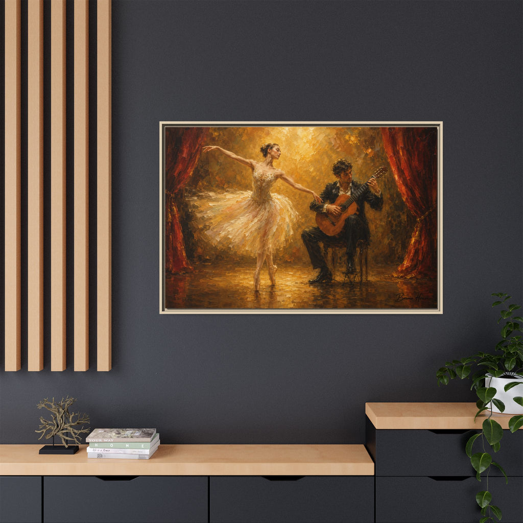 Ballet Dancer & Guitarist Framed Canvas Wall Art — Oil-Style Performance Print