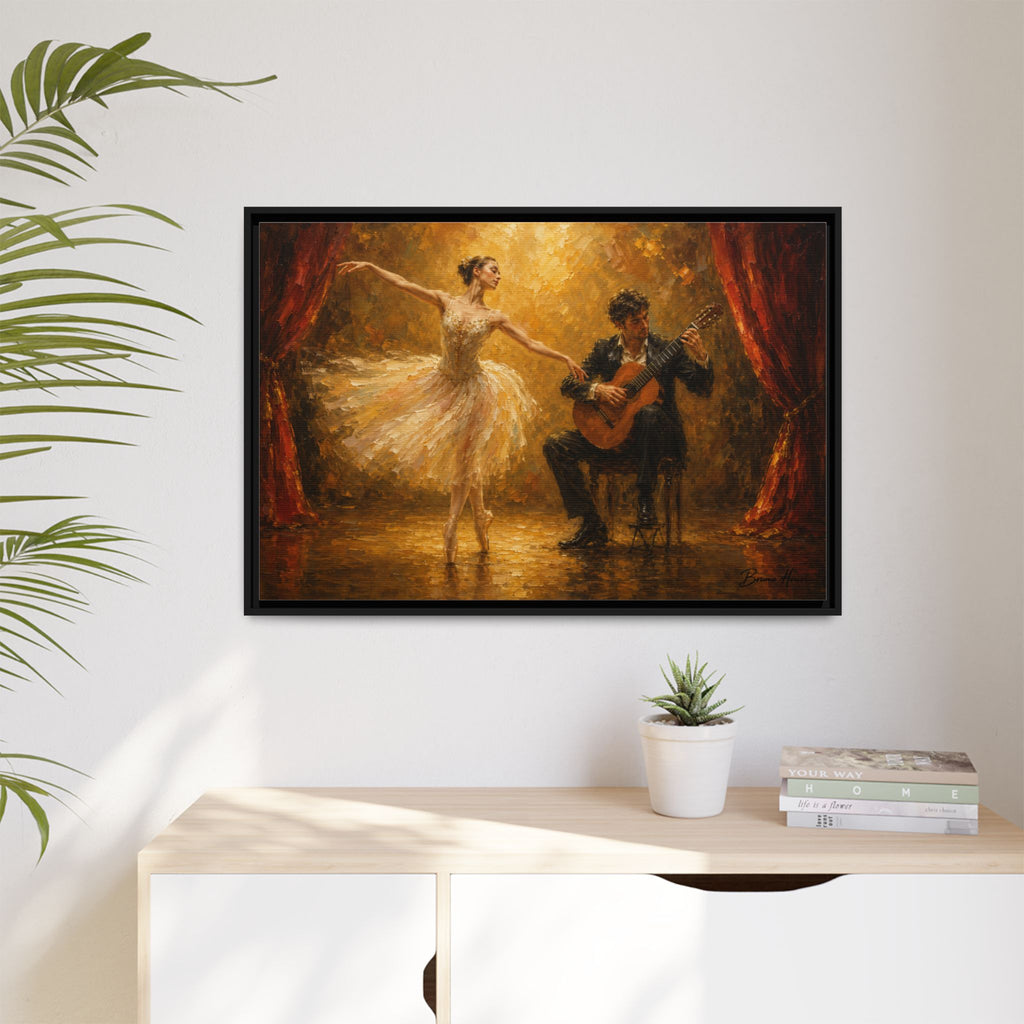 Ballet Dancer & Guitarist Framed Canvas Wall Art — Oil-Style Performance Print
