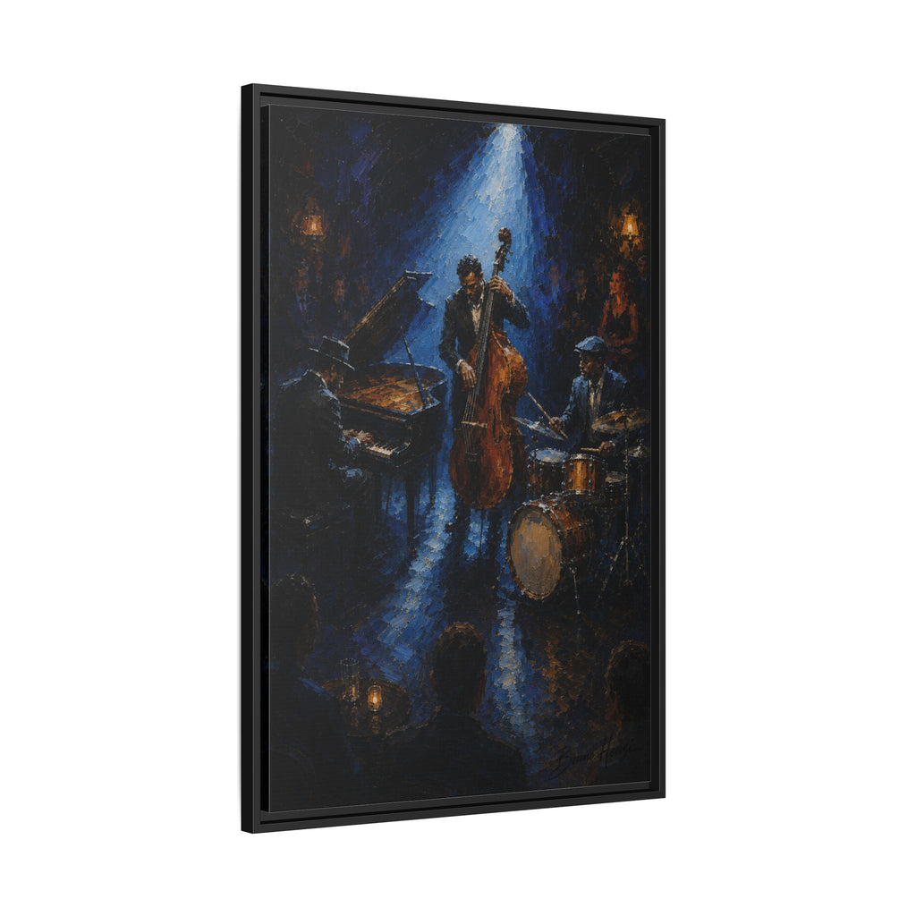 Framed Jazz Quartet Canvas Wall Art – Moody Blue Music Scene