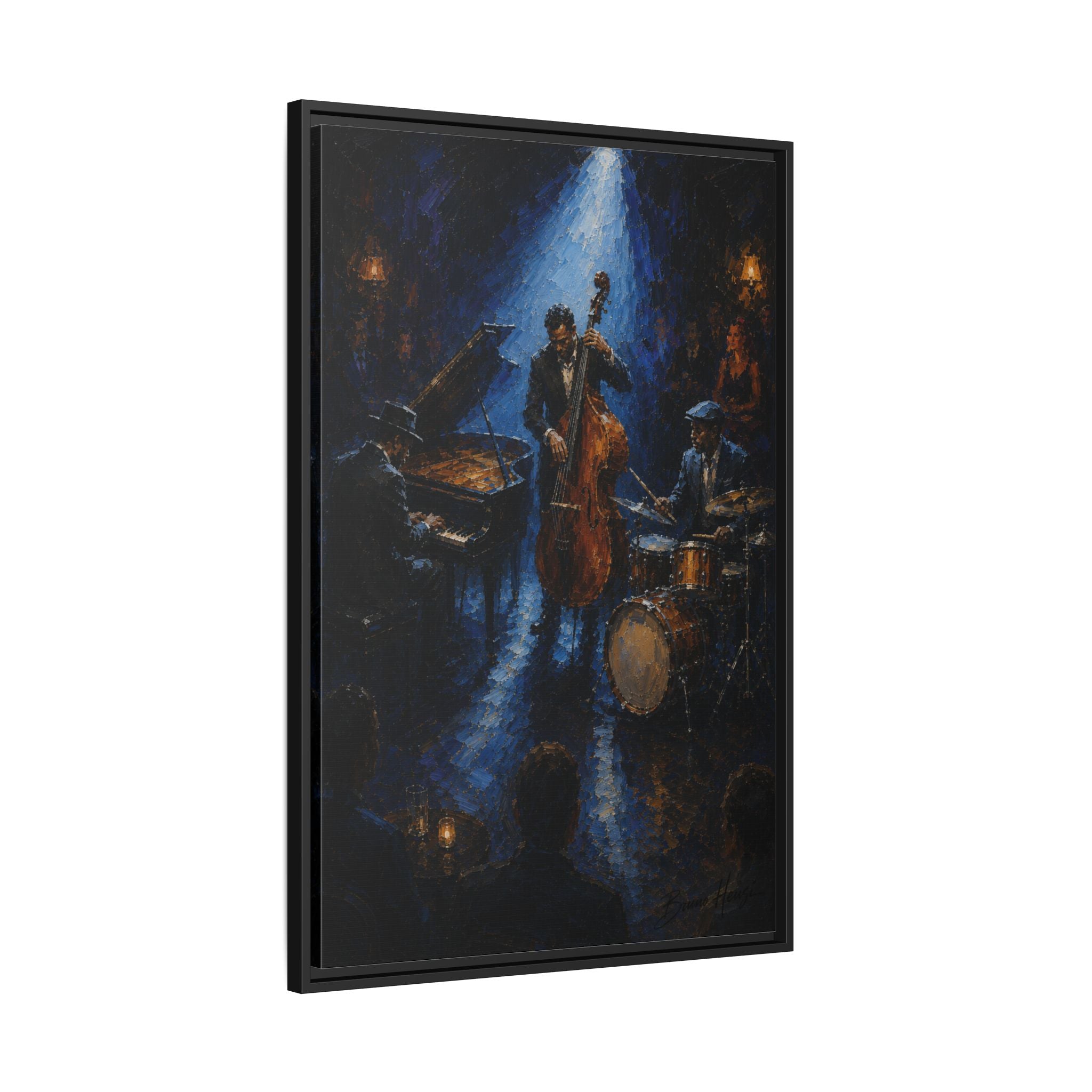 Framed Jazz Quartet Canvas Wall Art – Moody Blue Music Scene