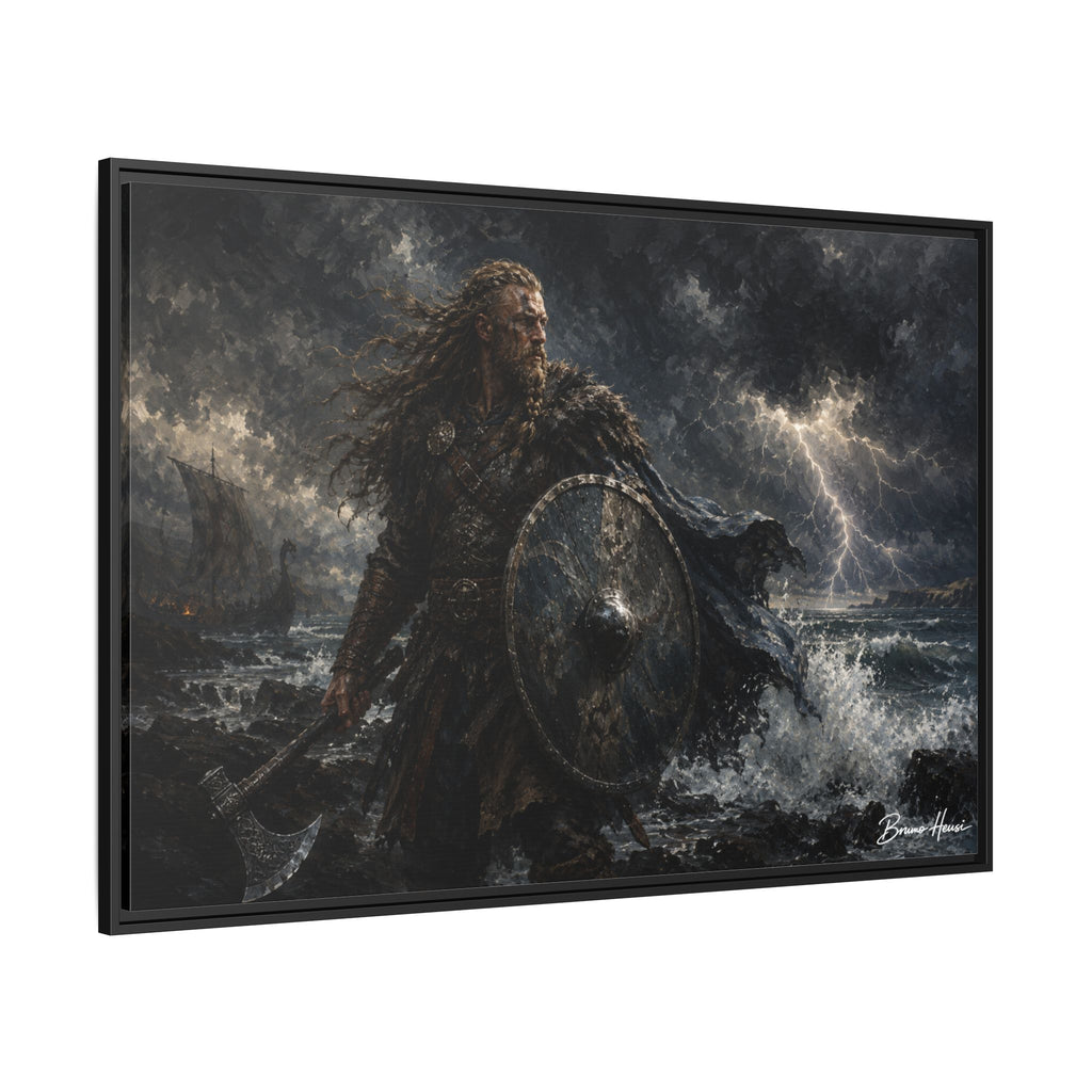Viking Warrior Matte Framed Canvas Print — Stormy Norse Shield and Axe Wall Art