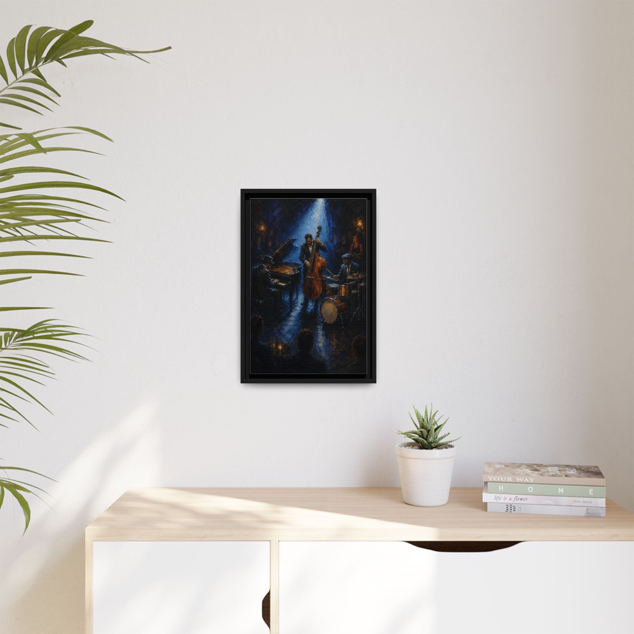 Framed Jazz Quartet Canvas Wall Art – Moody Blue Music Scene