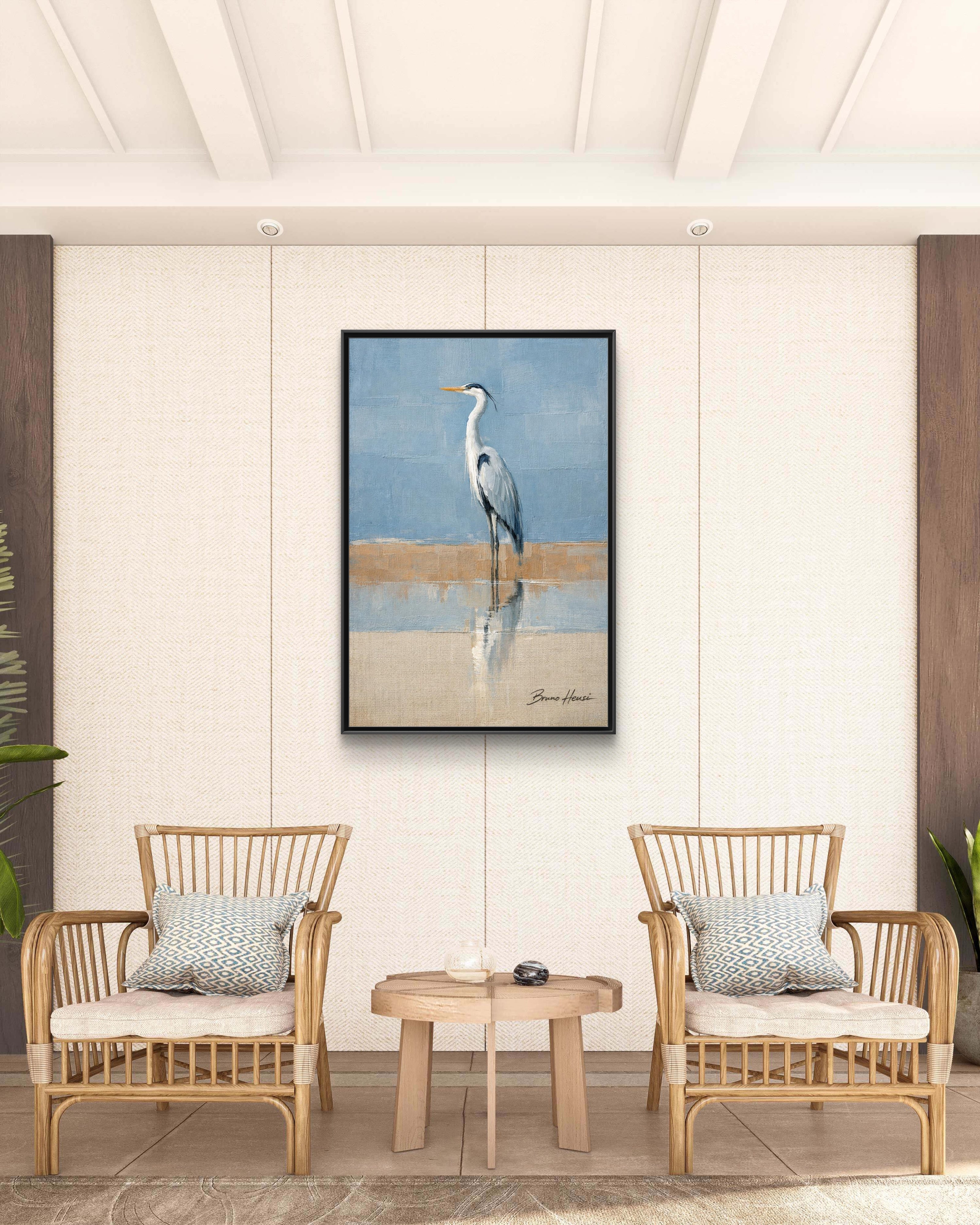 Framed Heron Canvas Art – Coastal Shorebird Wall Decor
