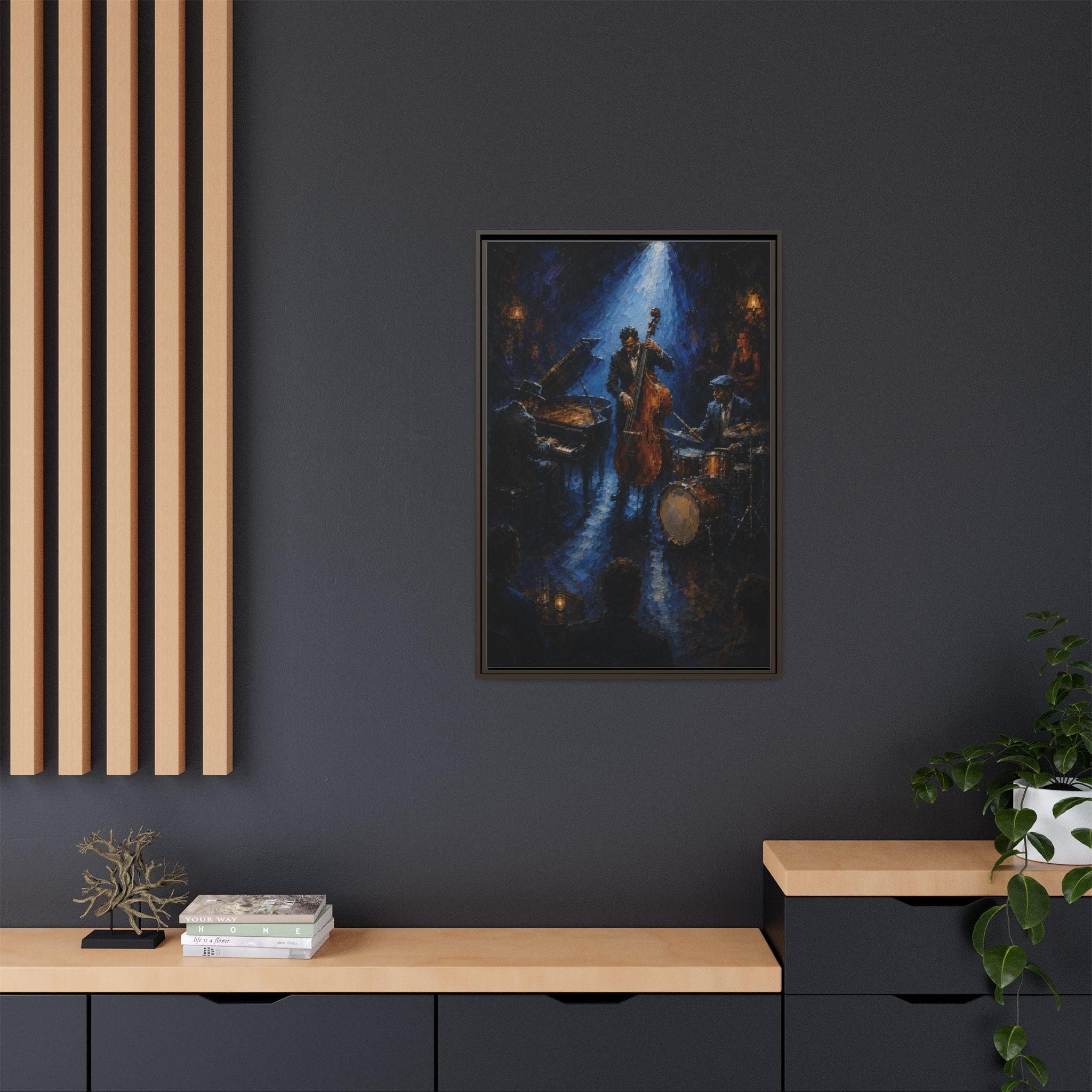 Framed Jazz Quartet Canvas Wall Art – Moody Blue Music Scene