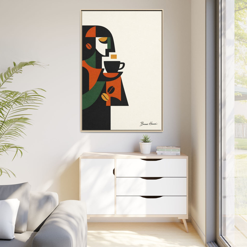 Abstract Coffee Drinker Framed Canvas Print — Modern Café Wall Art