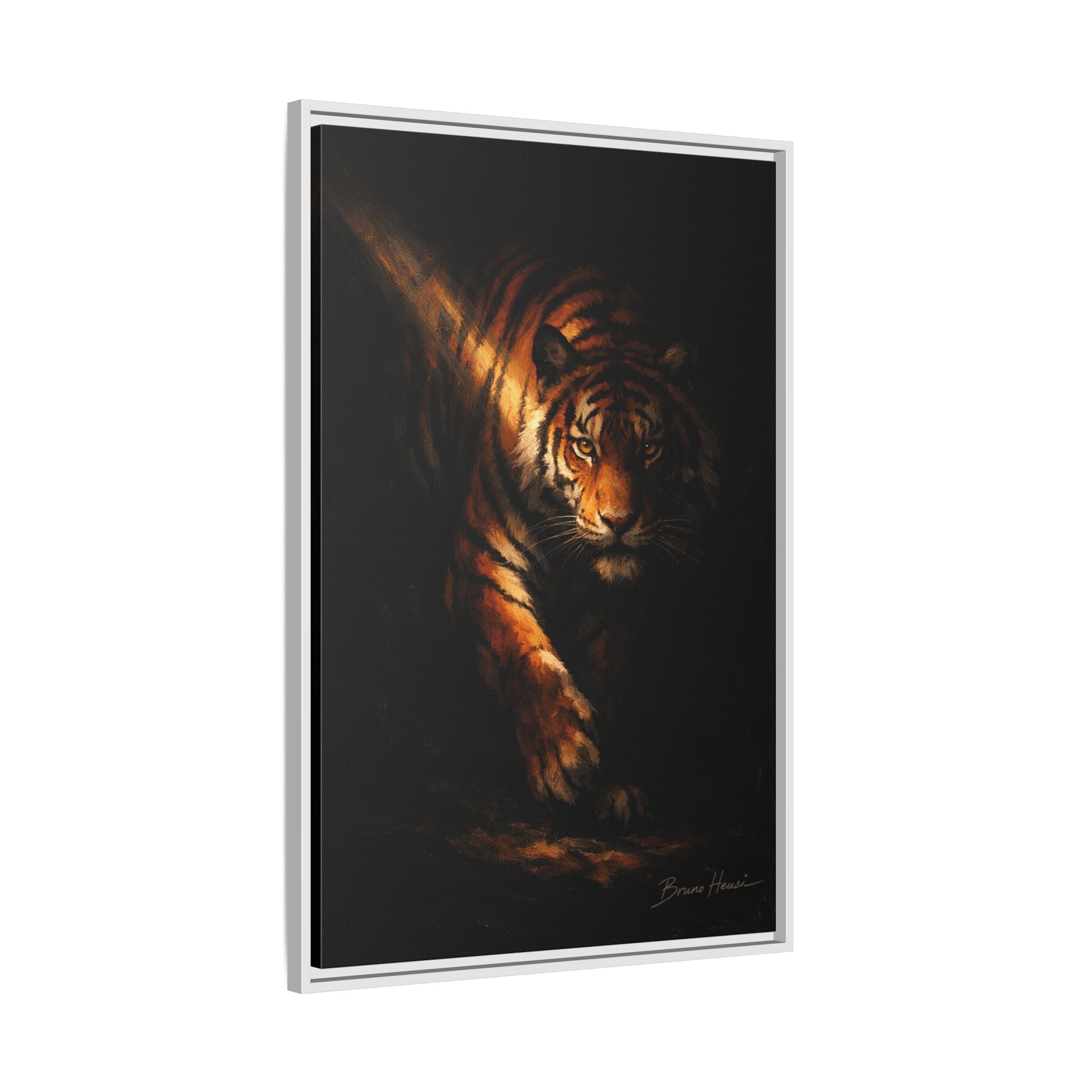 Tiger in the Shadows Matte Framed Canvas Print — Dramatic Wildlife Wall Art