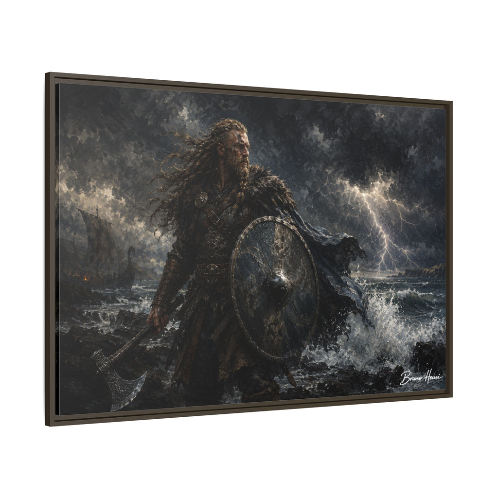 Viking Warrior Matte Framed Canvas Print — Stormy Norse Shield and Axe Wall Art