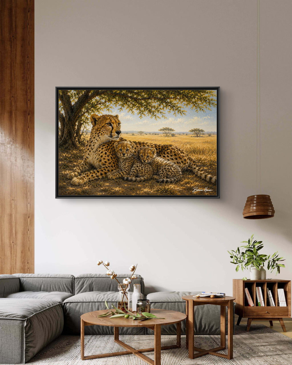 Cheetah Mother & Cubs Framed Canvas Wall Art – African Wildlife Safari Print