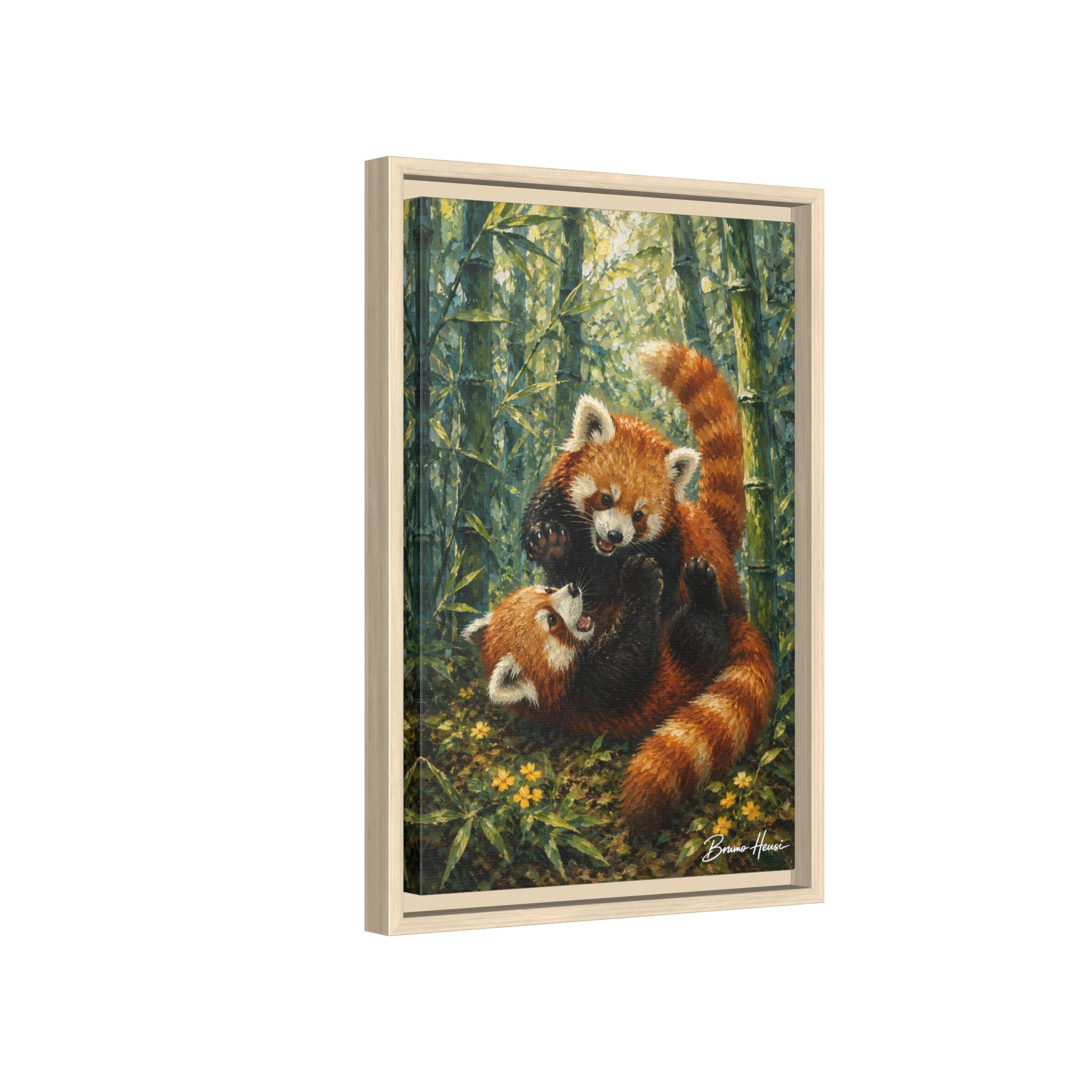 Red Panda Playtime Framed Canvas Wall Art — Playful Wildlife Print