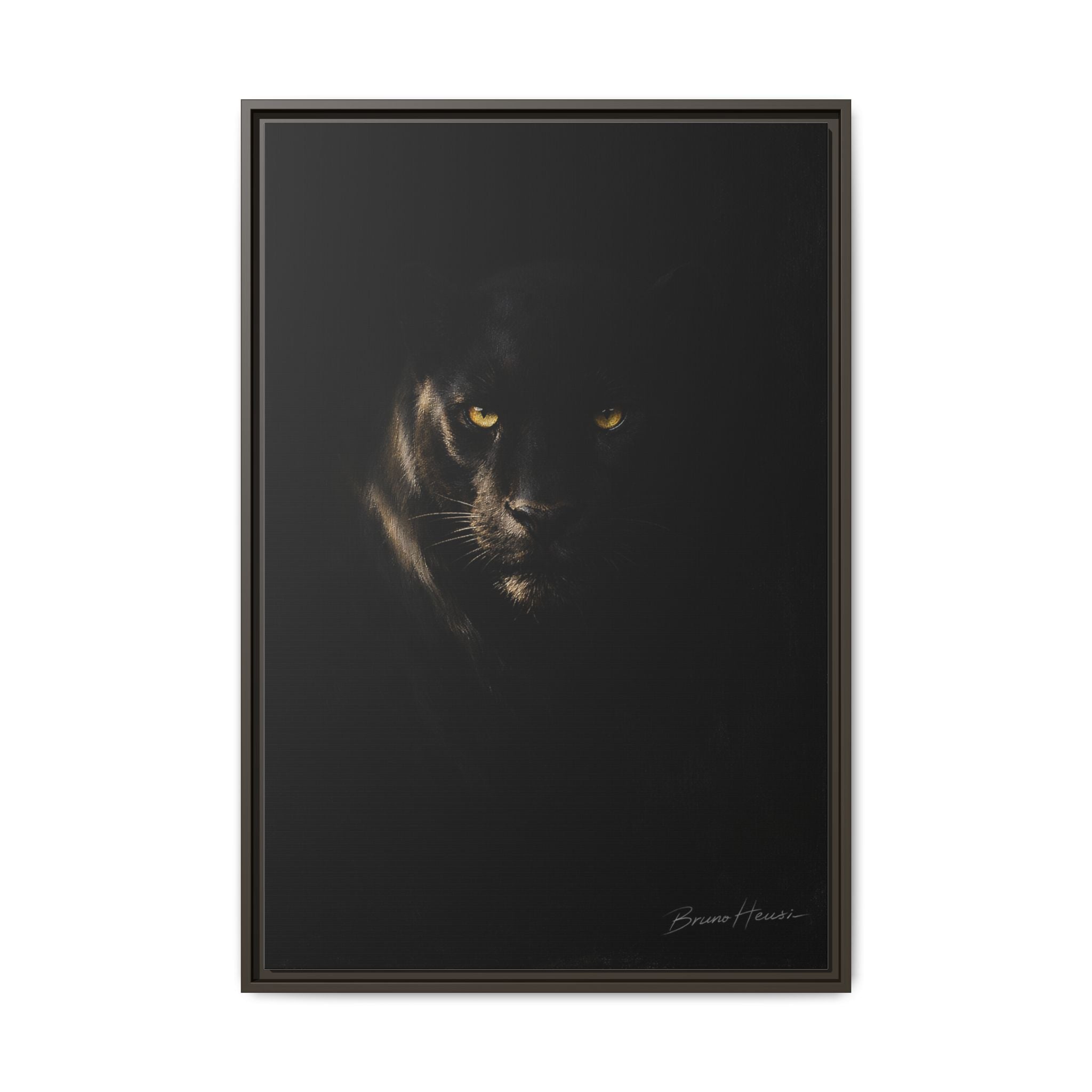 Framed Matte Canvas - Black Panther Wall Art with Golden Eyes