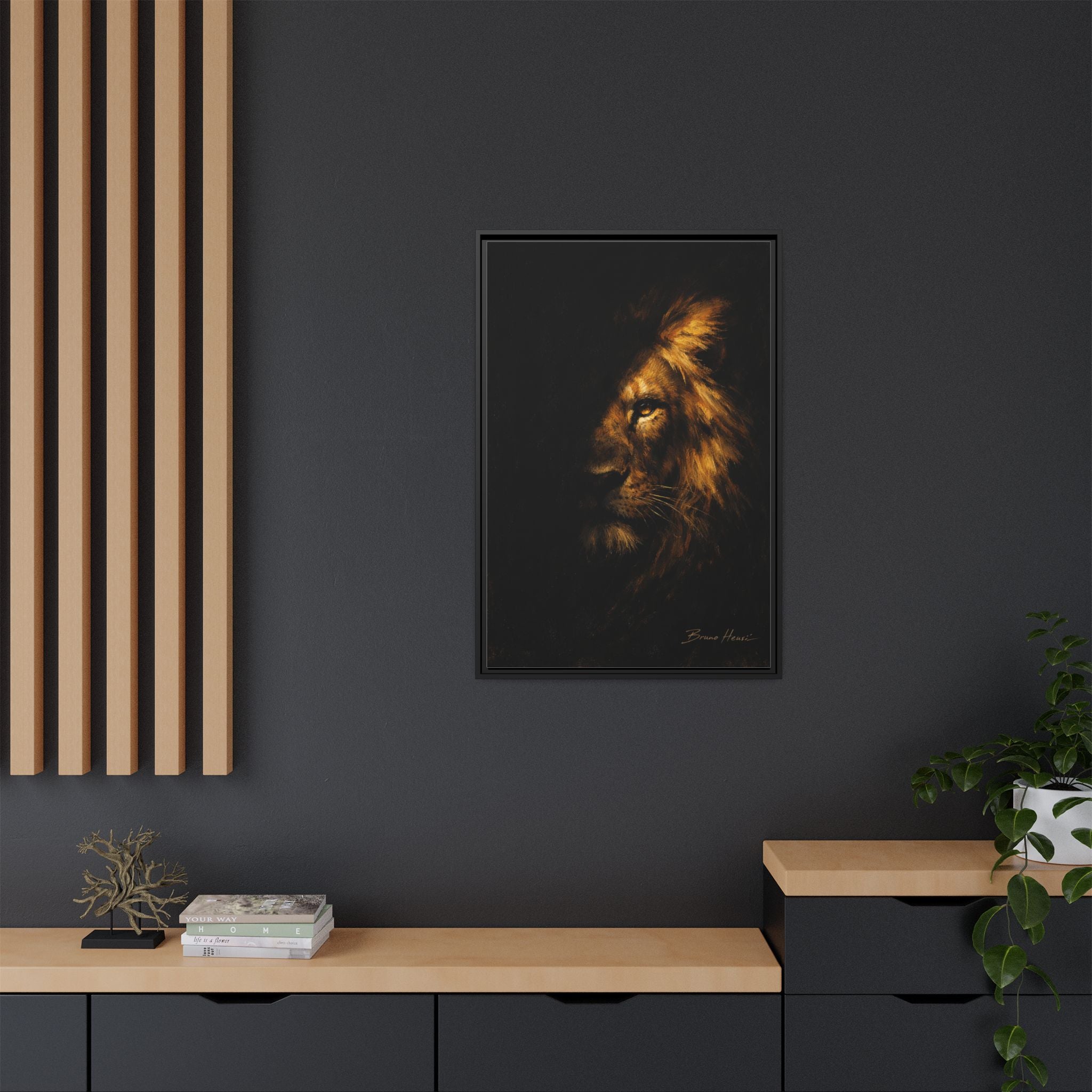 Majestic Lion Portrait Framed Canvas Wall Art — Golden Mane on Black Matte Print