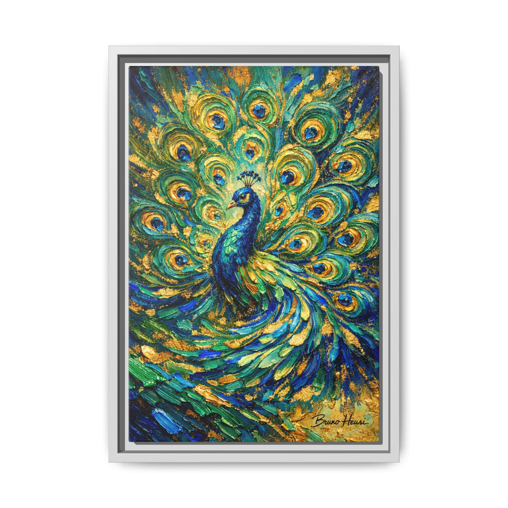 Peacock Oil-Style Framed Canvas Wall Art — Vibrant Blue & Gold Peacock Painting