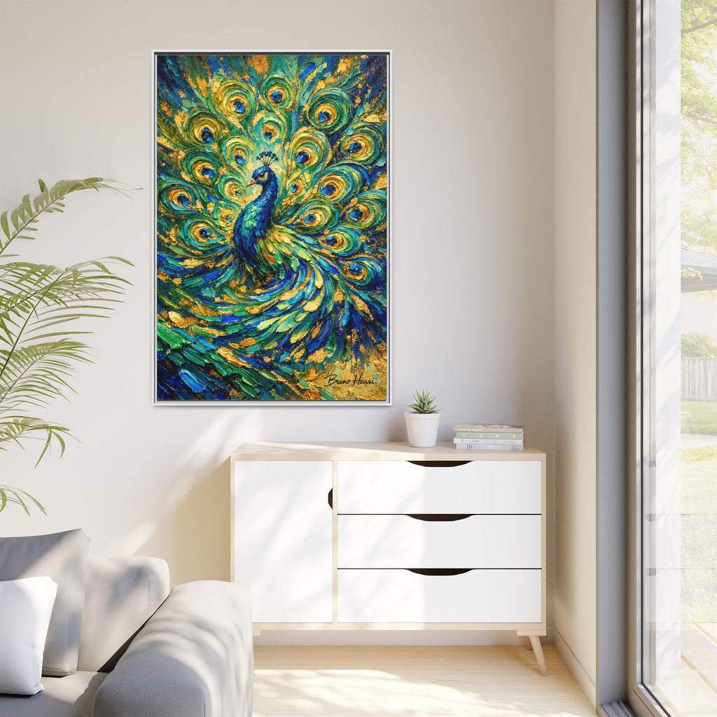 Peacock Oil-Style Framed Canvas Wall Art — Vibrant Blue & Gold Peacock Painting