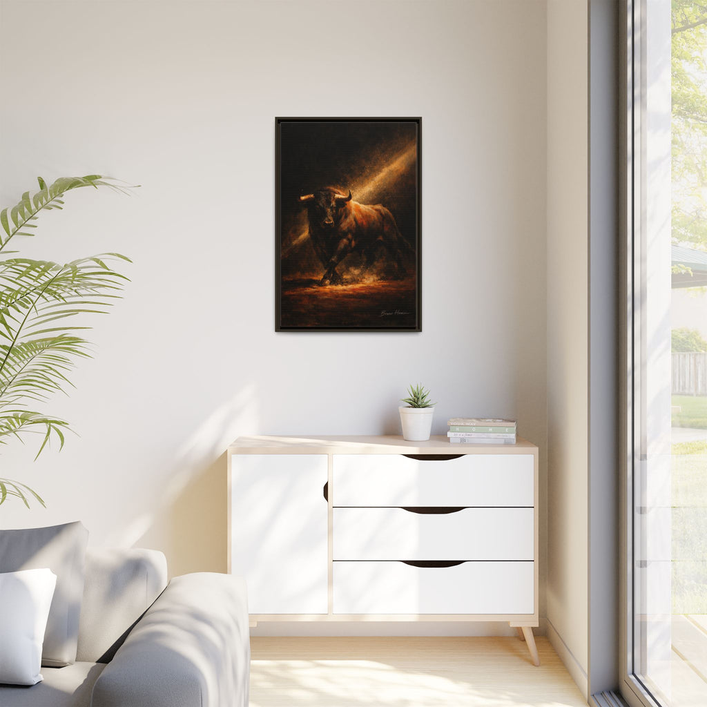 Framed Matte Canvas Art - Dramatic Charging Bull Painting