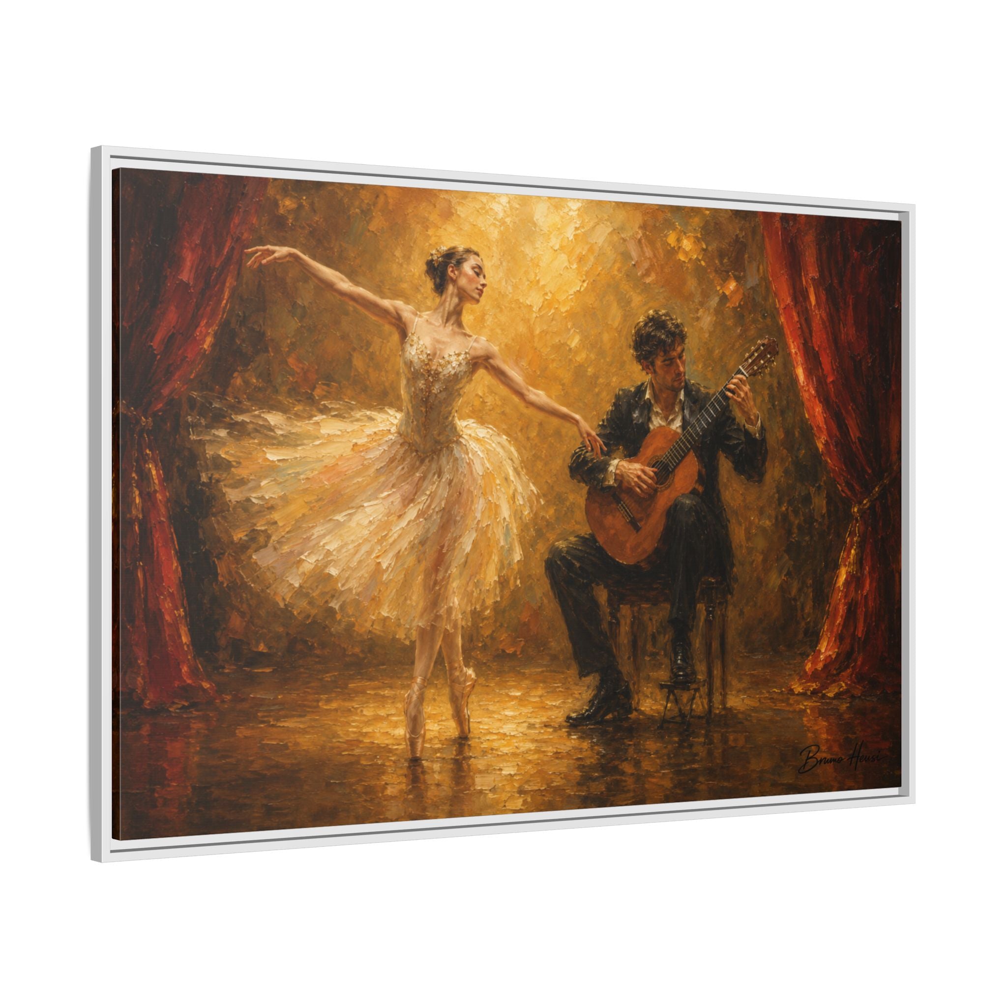 Ballet Dancer & Guitarist Framed Canvas Wall Art — Oil-Style Performance Print