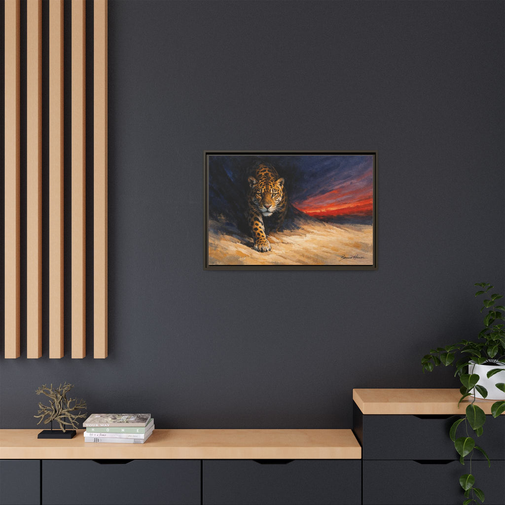 Framed Jaguar Canvas Art – Majestic Big Cat Painting with Sunset Sky