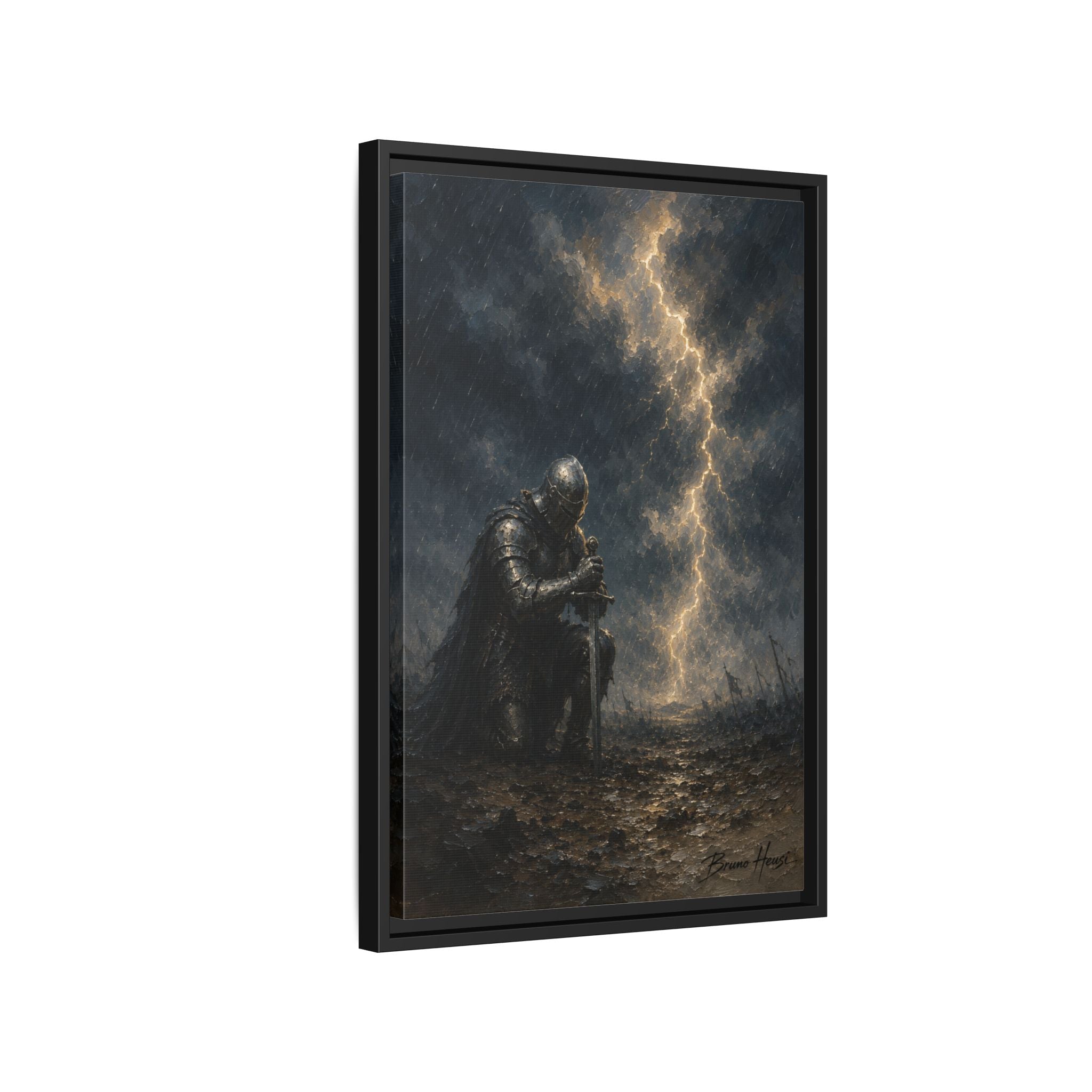 Knight in Thunderstorm Matte Framed Canvas — Dark Fantasy Wall Art