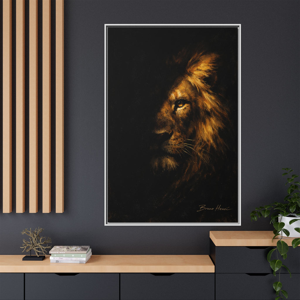 Majestic Lion Portrait Framed Canvas Wall Art — Golden Mane on Black Matte Print