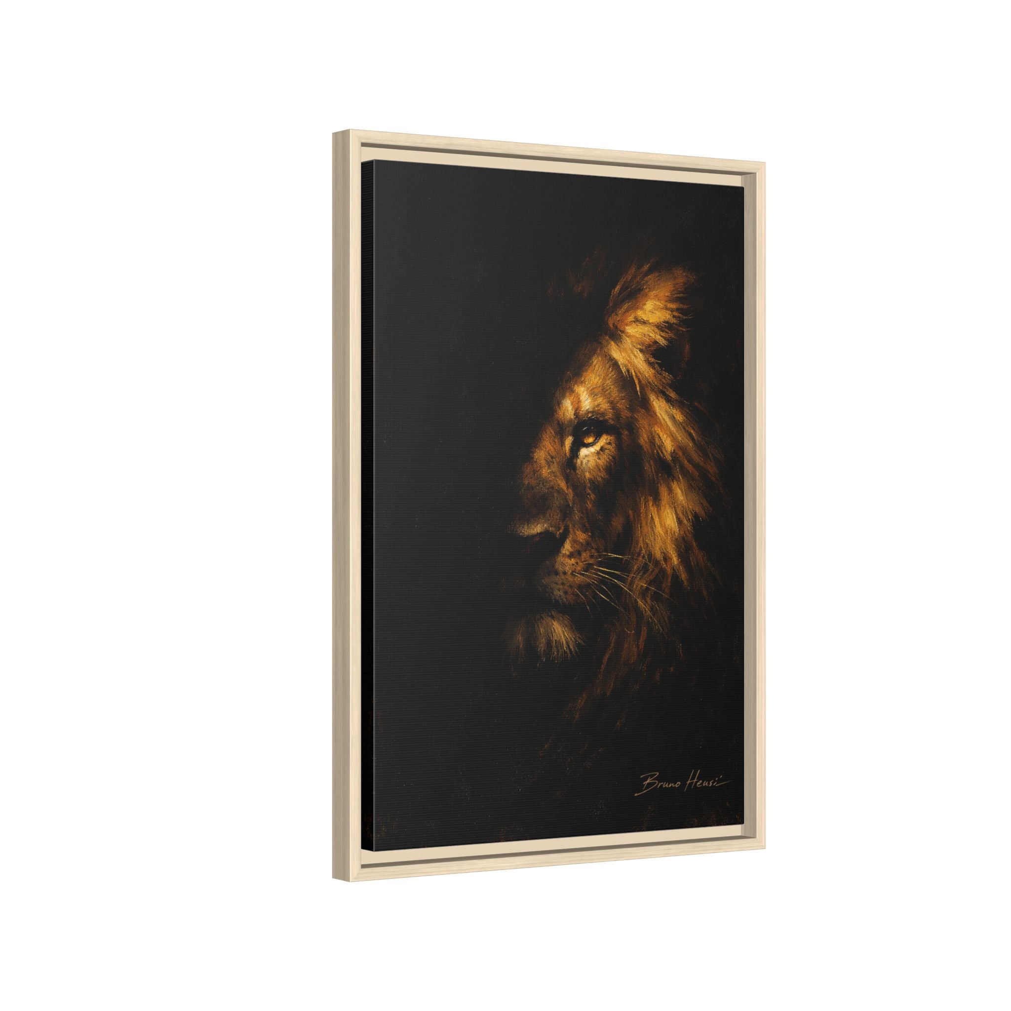Majestic Lion Portrait Framed Canvas Wall Art — Golden Mane on Black Matte Print