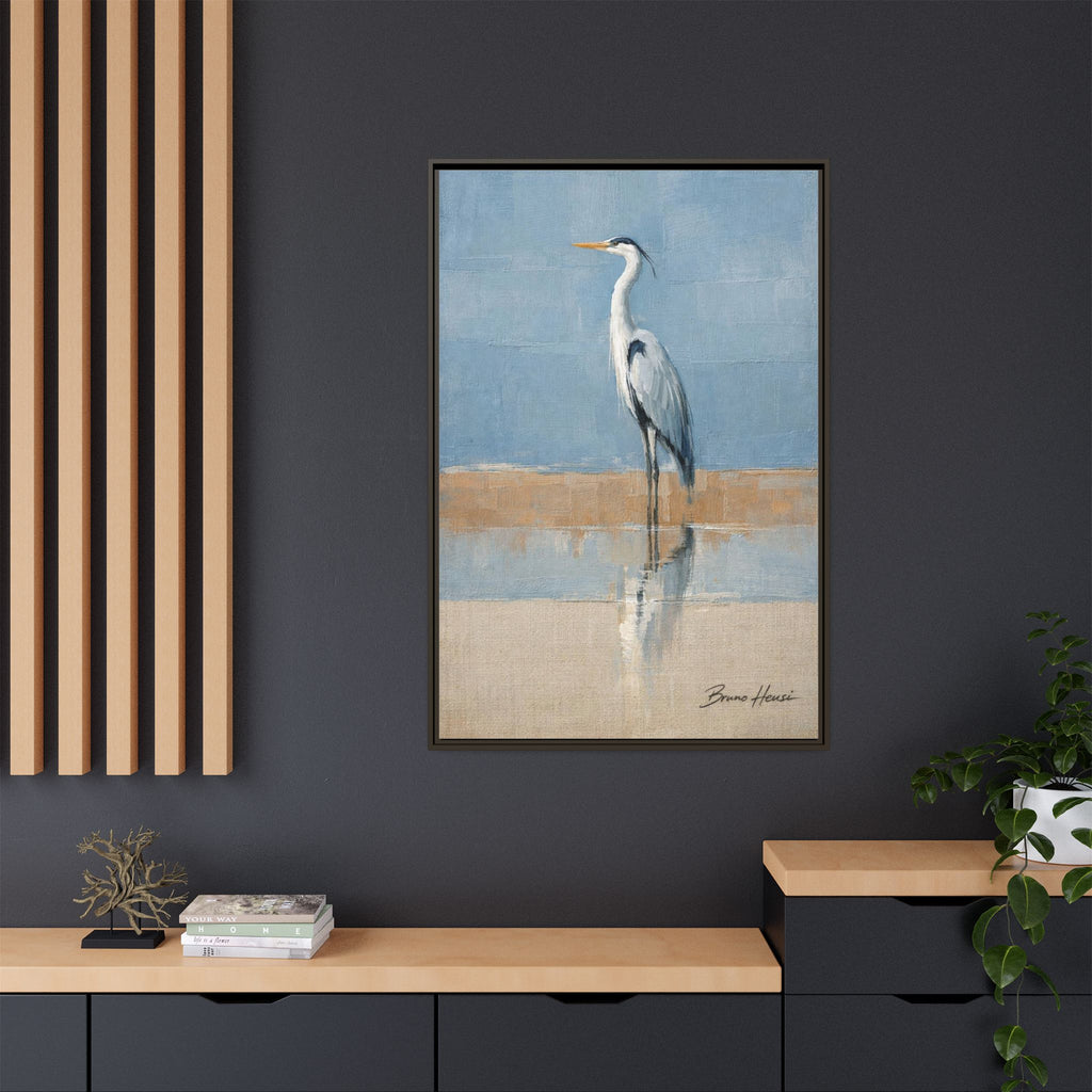 Framed Heron Canvas Art – Coastal Shorebird Wall Decor