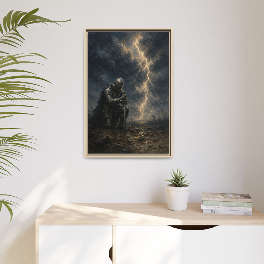 Knight in Thunderstorm Matte Framed Canvas — Dark Fantasy Wall Art