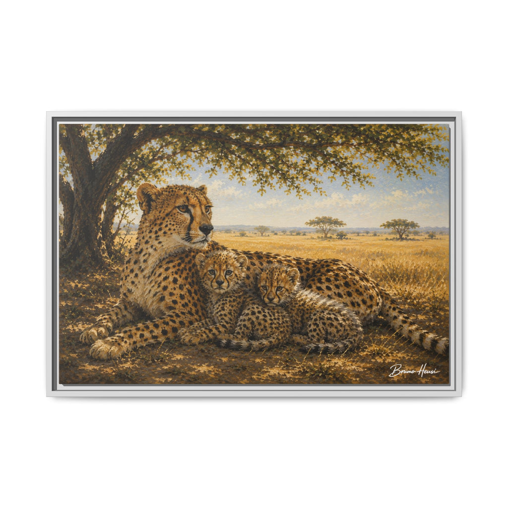 Cheetah Mother & Cubs Framed Canvas Wall Art – African Wildlife Safari Print