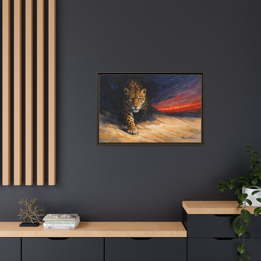 Framed Jaguar Canvas Art – Majestic Big Cat Painting with Sunset Sky