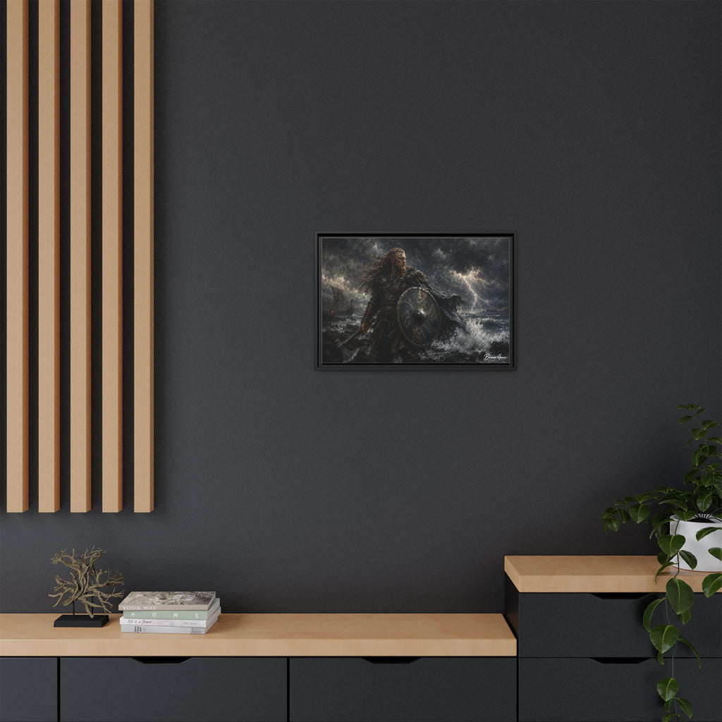 Viking Warrior Matte Framed Canvas Print — Stormy Norse Shield and Axe Wall Art