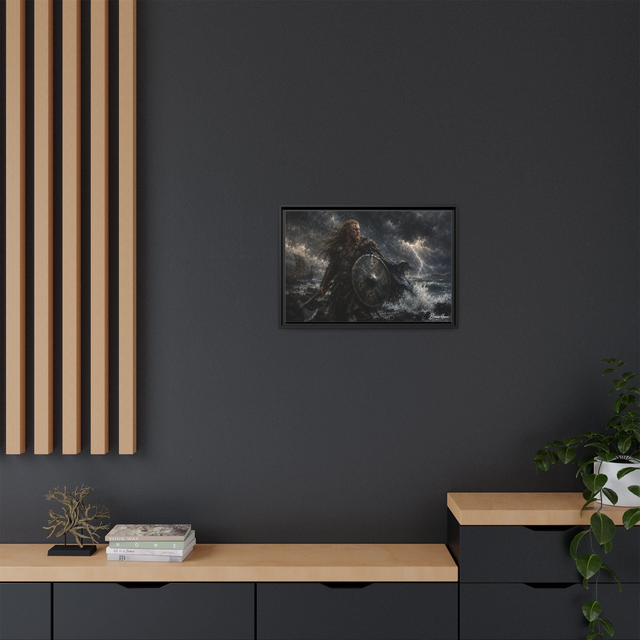 Viking Warrior Matte Framed Canvas Print — Stormy Norse Shield and Axe Wall Art
