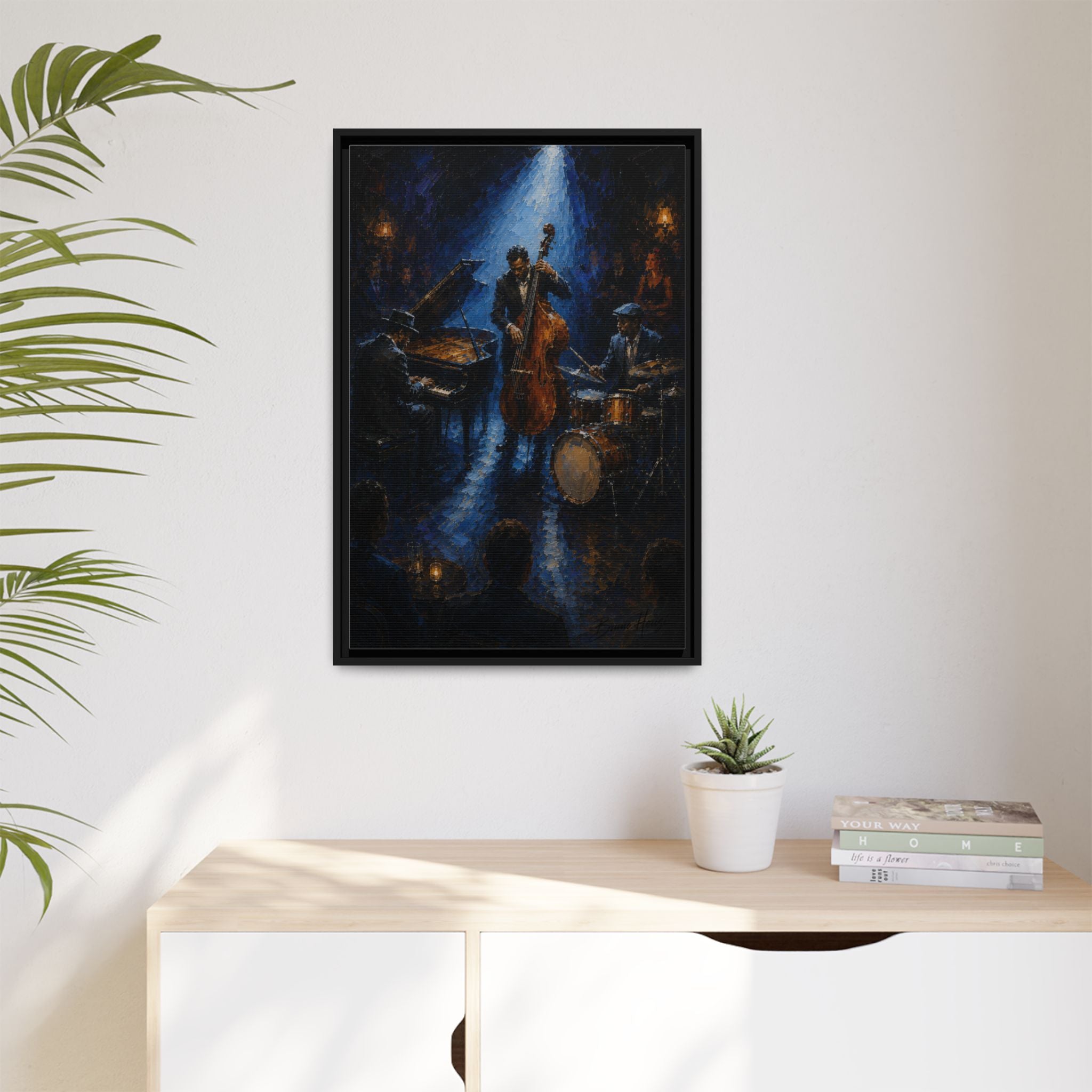 Framed Jazz Quartet Canvas Wall Art – Moody Blue Music Scene