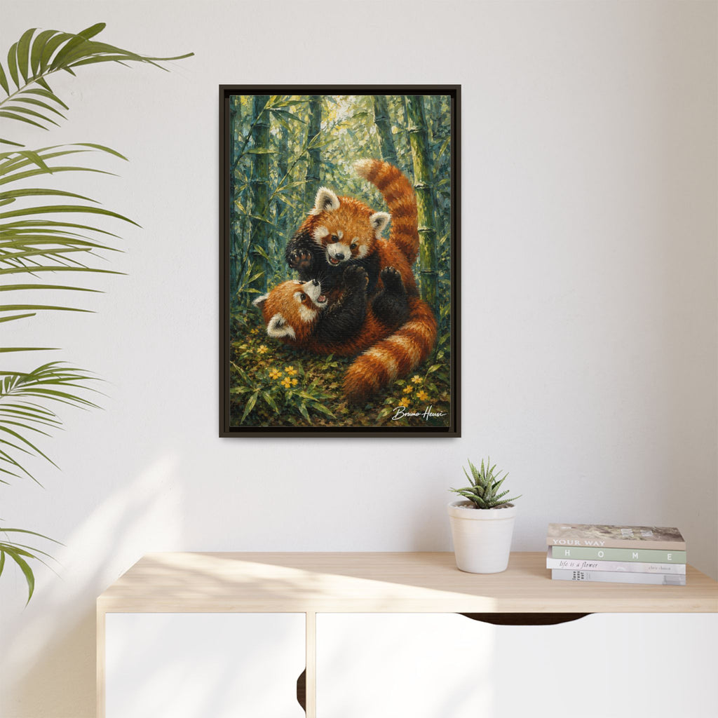 Red Panda Playtime Framed Canvas Wall Art — Playful Wildlife Print
