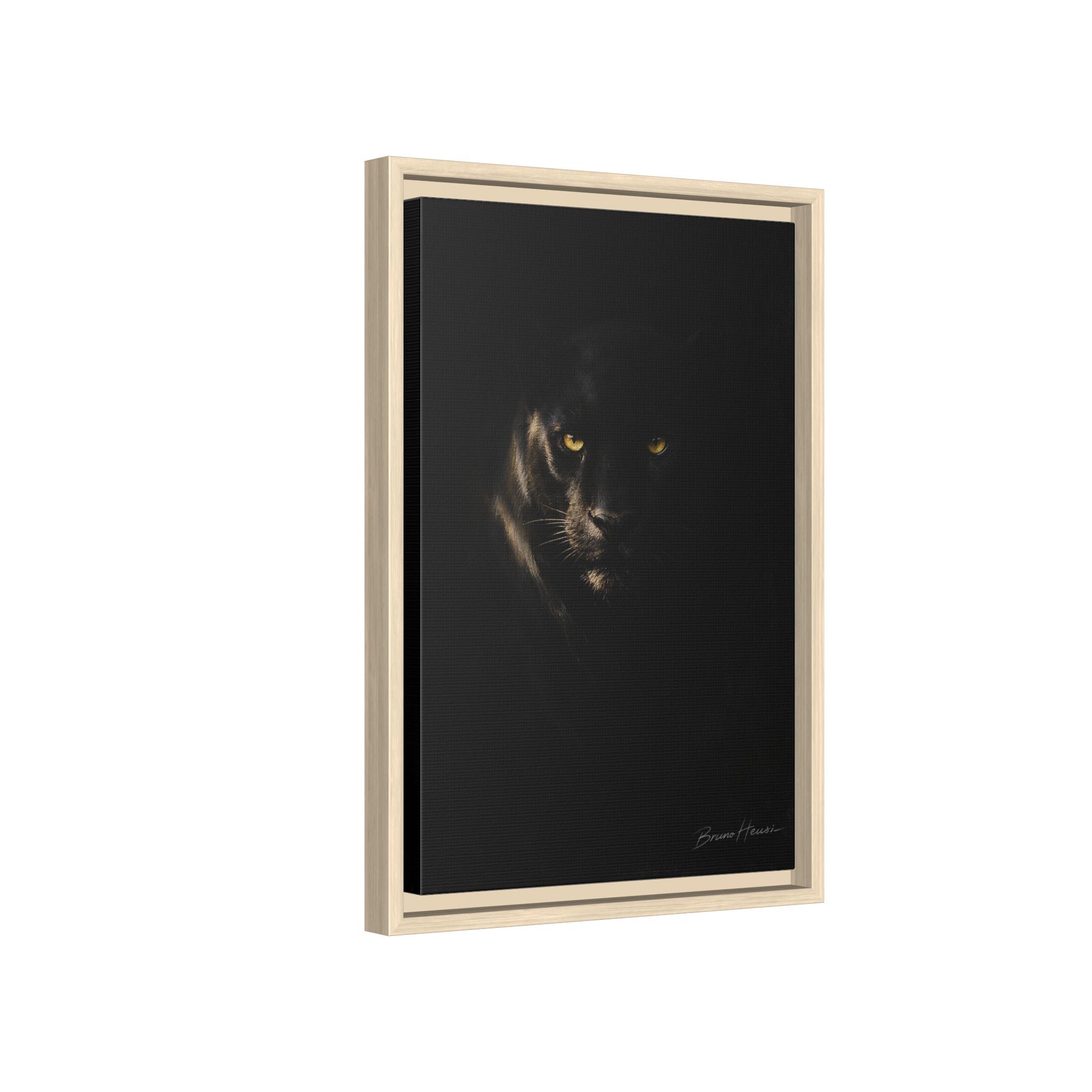 Framed Matte Canvas - Black Panther Wall Art with Golden Eyes
