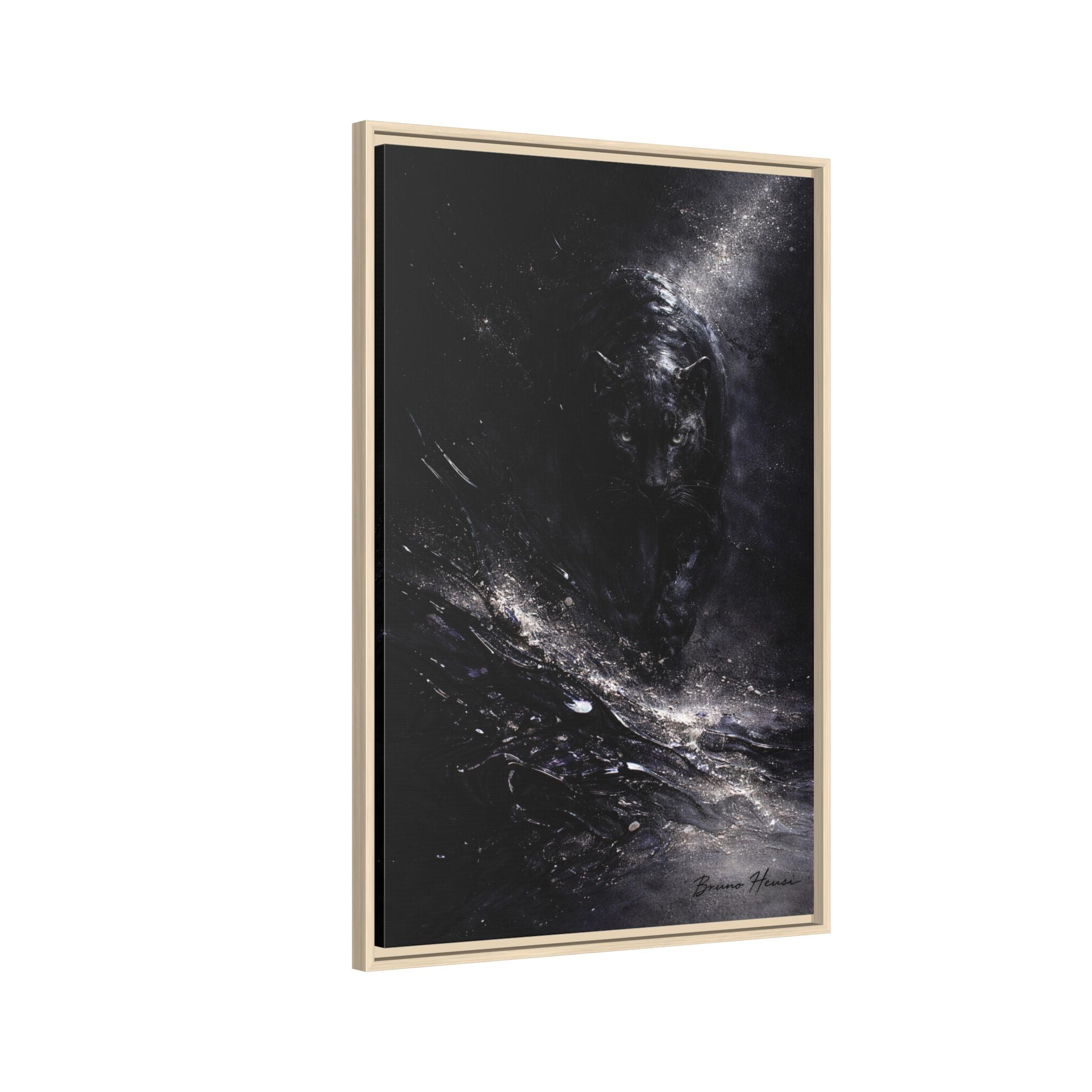 Cosmic Black Panther Matte Framed Canvas – Dark Abstract Wildlife Wall Art