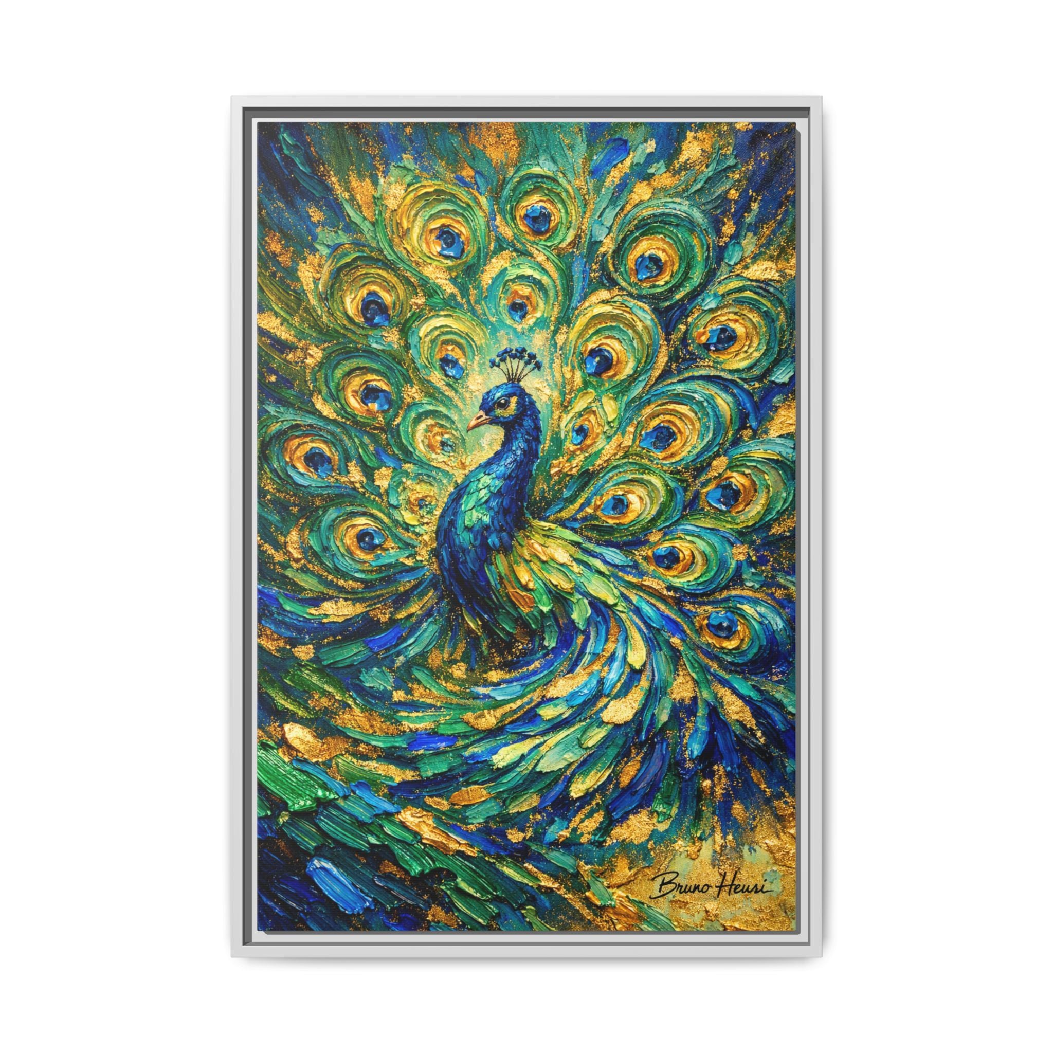 Peacock Oil-Style Framed Canvas Wall Art — Vibrant Blue & Gold Peacock Painting