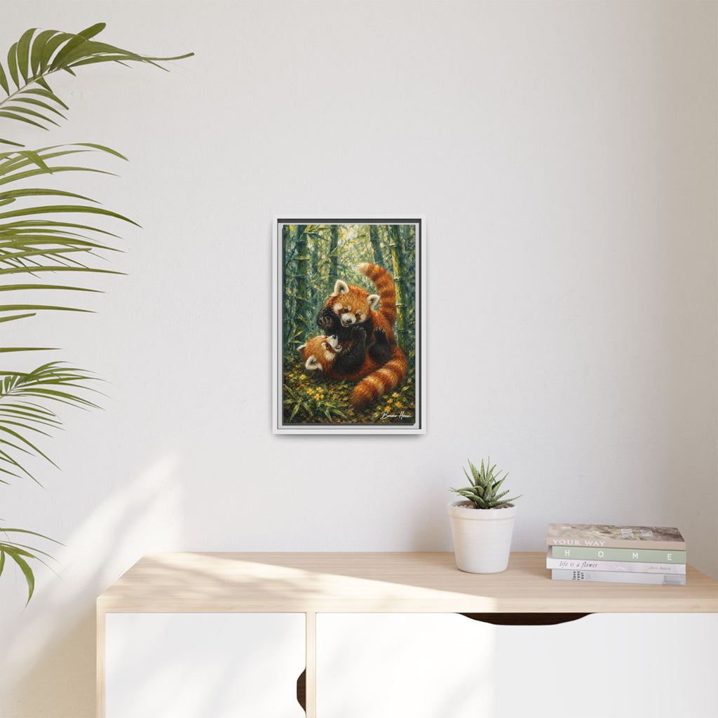 Red Panda Playtime Framed Canvas Wall Art — Playful Wildlife Print
