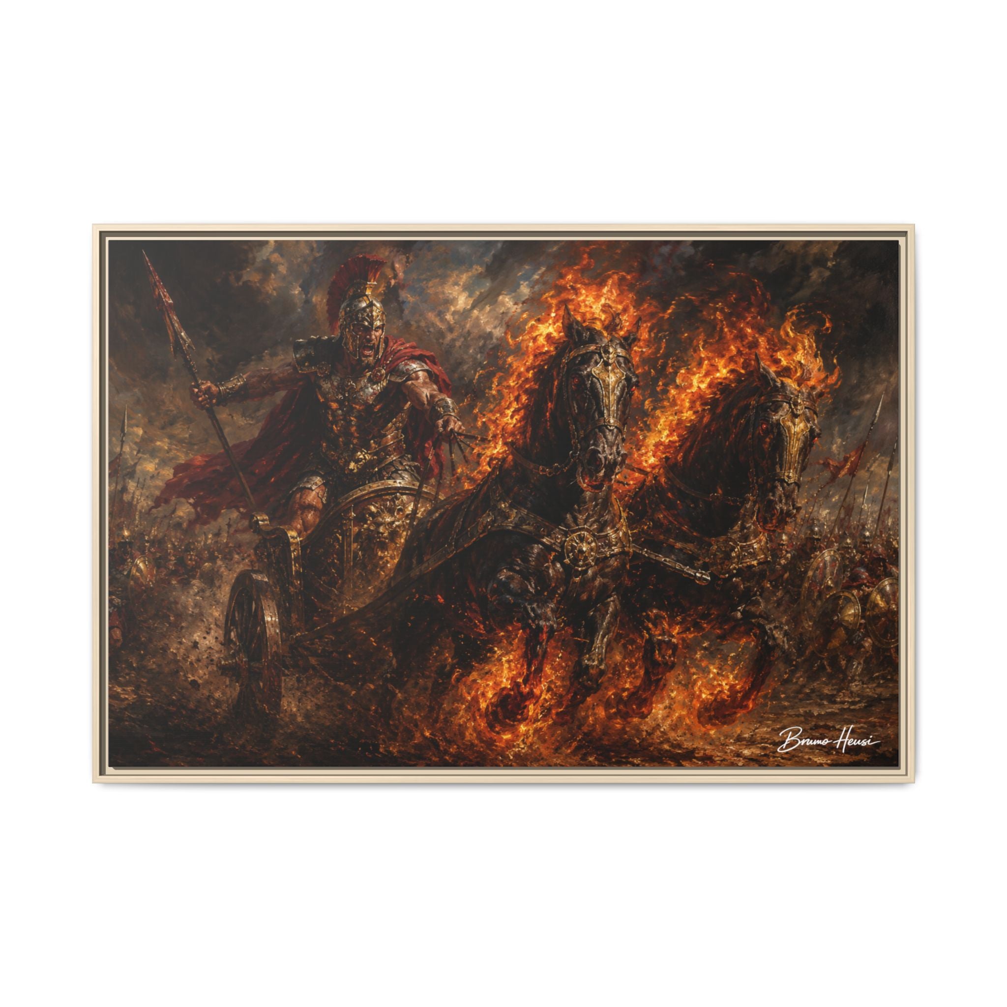 Flaming Chariot Framed Canvas Wall Art — Mythic Warrior Matte Print
