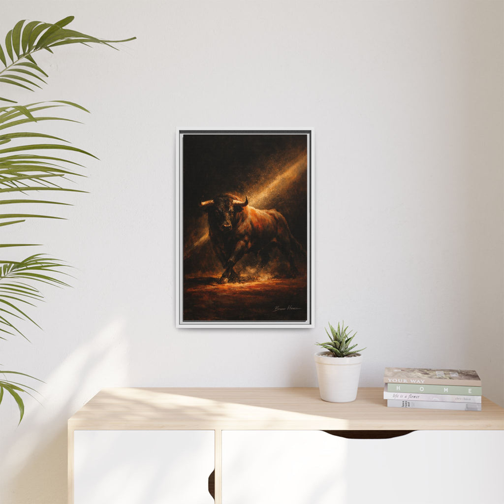 Framed Matte Canvas Art - Dramatic Charging Bull Painting