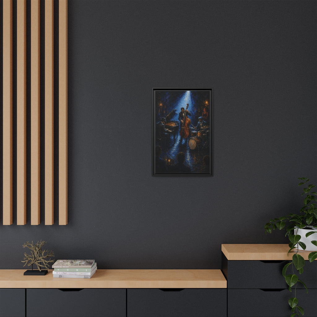Framed Jazz Quartet Canvas Wall Art – Moody Blue Music Scene