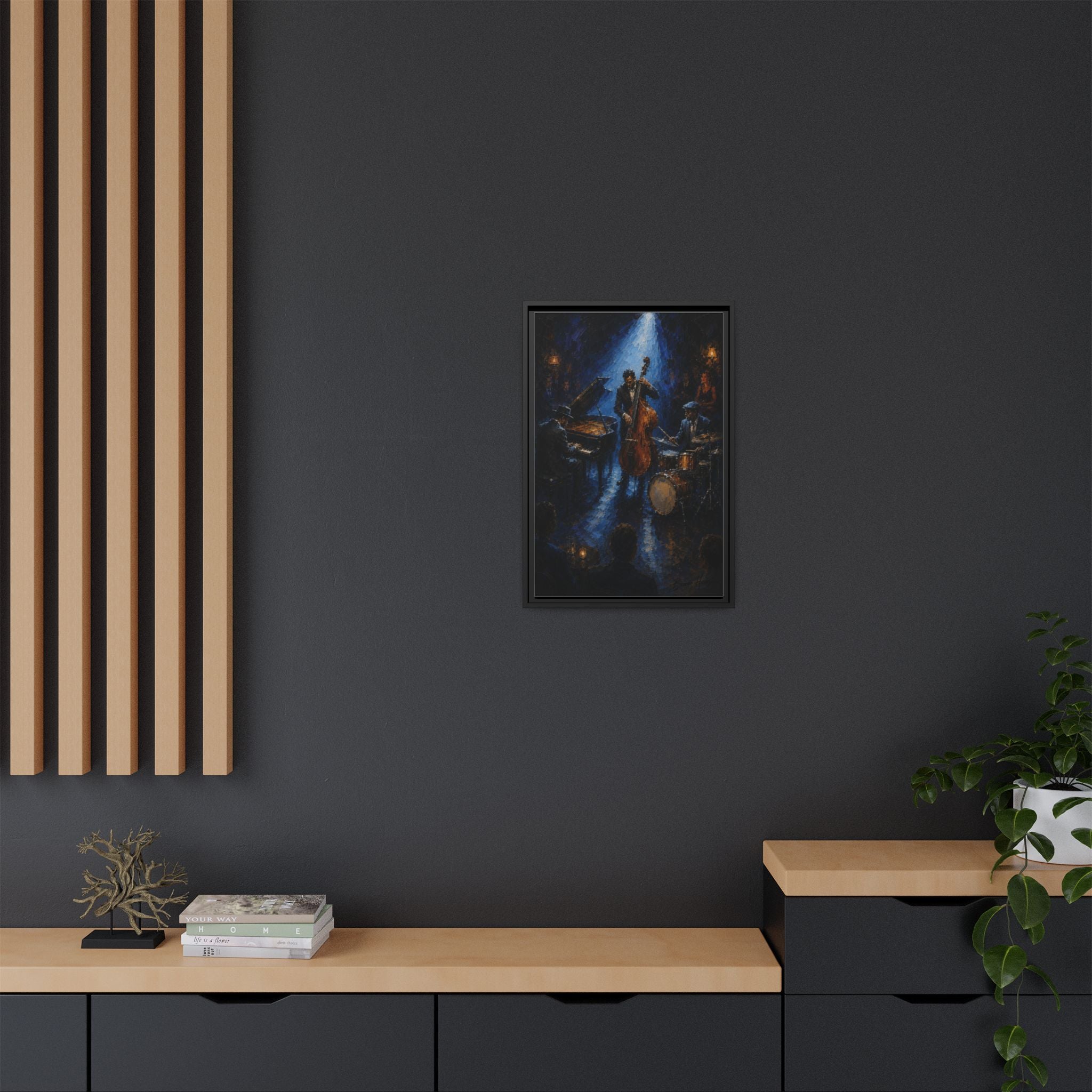 Framed Jazz Quartet Canvas Wall Art – Moody Blue Music Scene