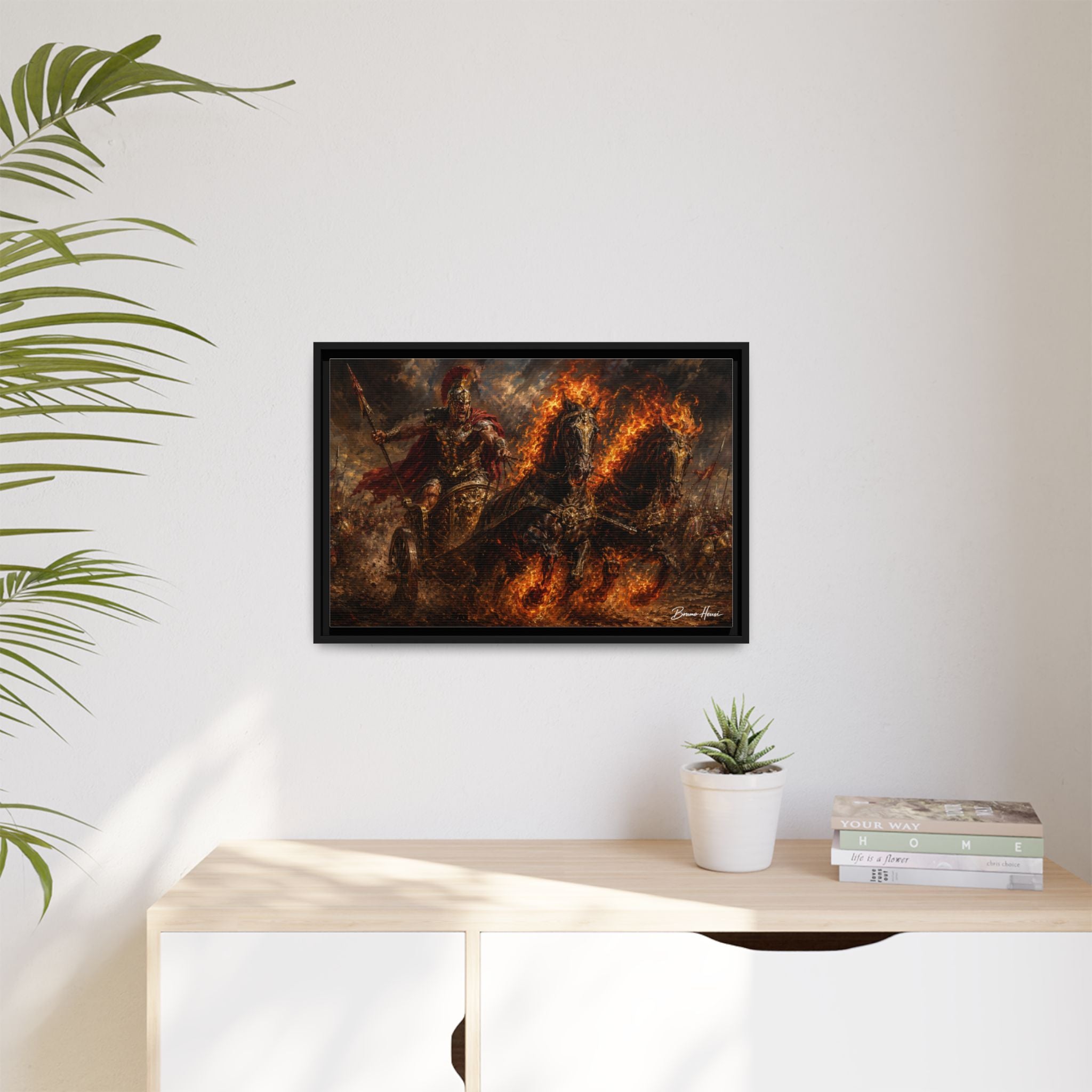 Flaming Chariot Framed Canvas Wall Art — Mythic Warrior Matte Print
