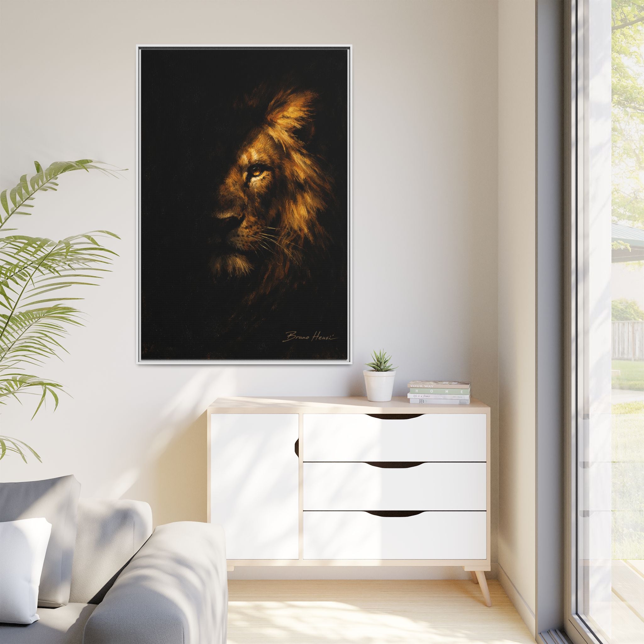 Majestic Lion Portrait Framed Canvas Wall Art — Golden Mane on Black Matte Print